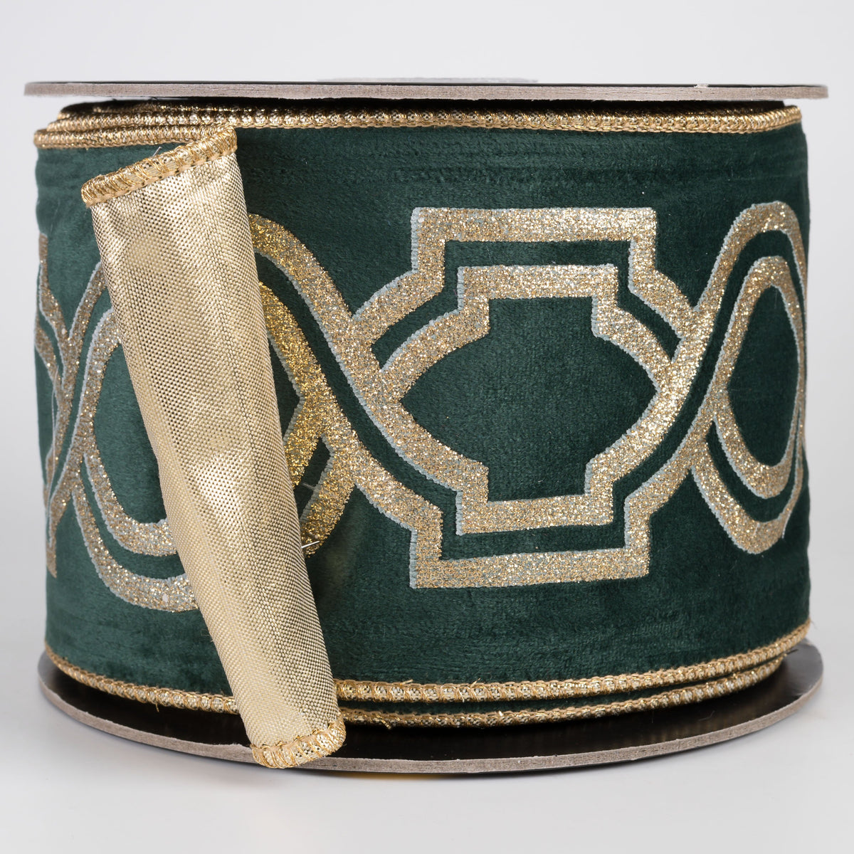 4" Raised Glitter Abstract Velvet & Metallic Dupioni Ribbon: Green & Gold (10 Yards) Item Number: RR0019
