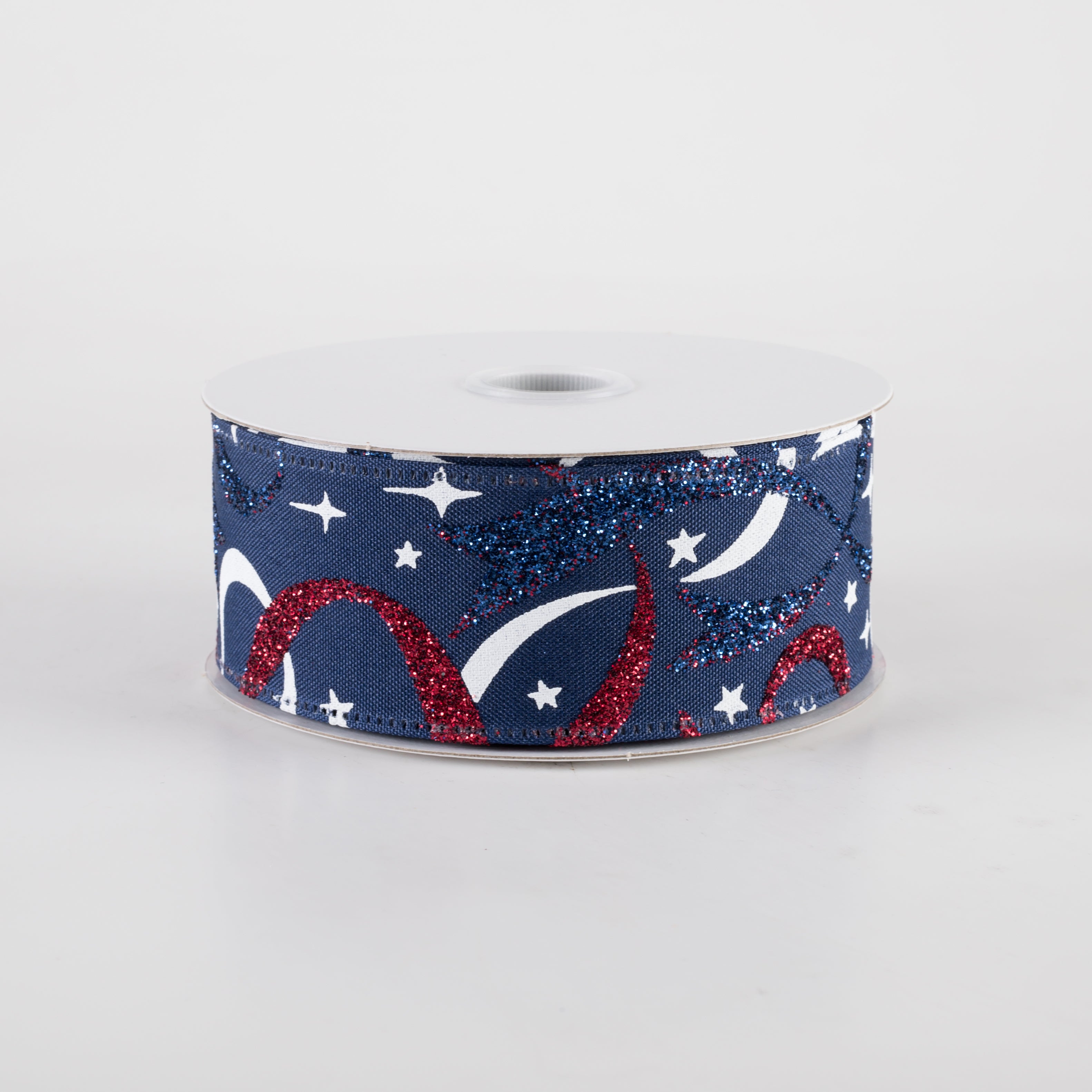 1.5" Red & Blue Glitter White Star Ribbon: Navy (10 Yards)
