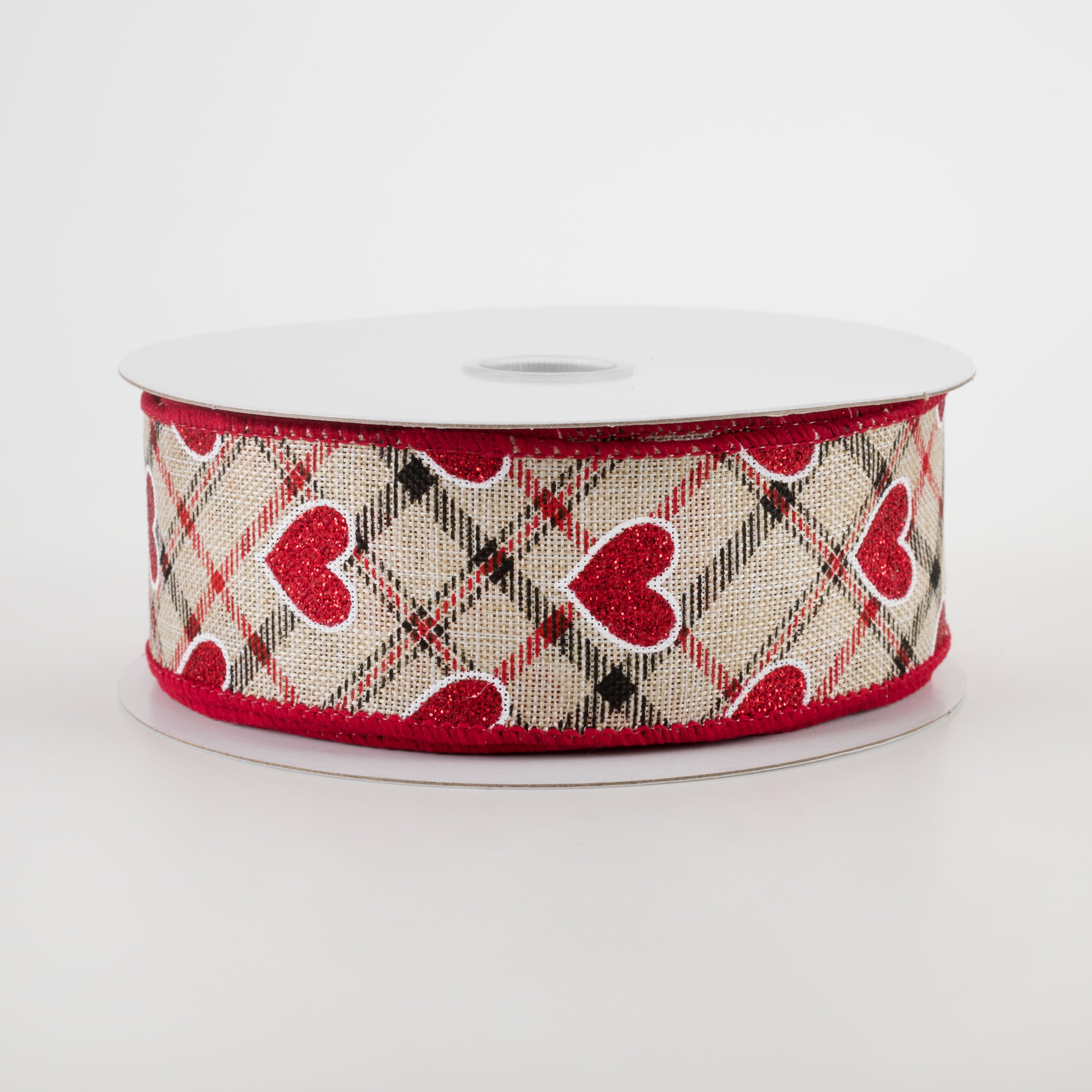 1.5" Red Glitter Hearts on Argyle Ribbon: Natural (10 Yards) Item Number: 11207-09-35