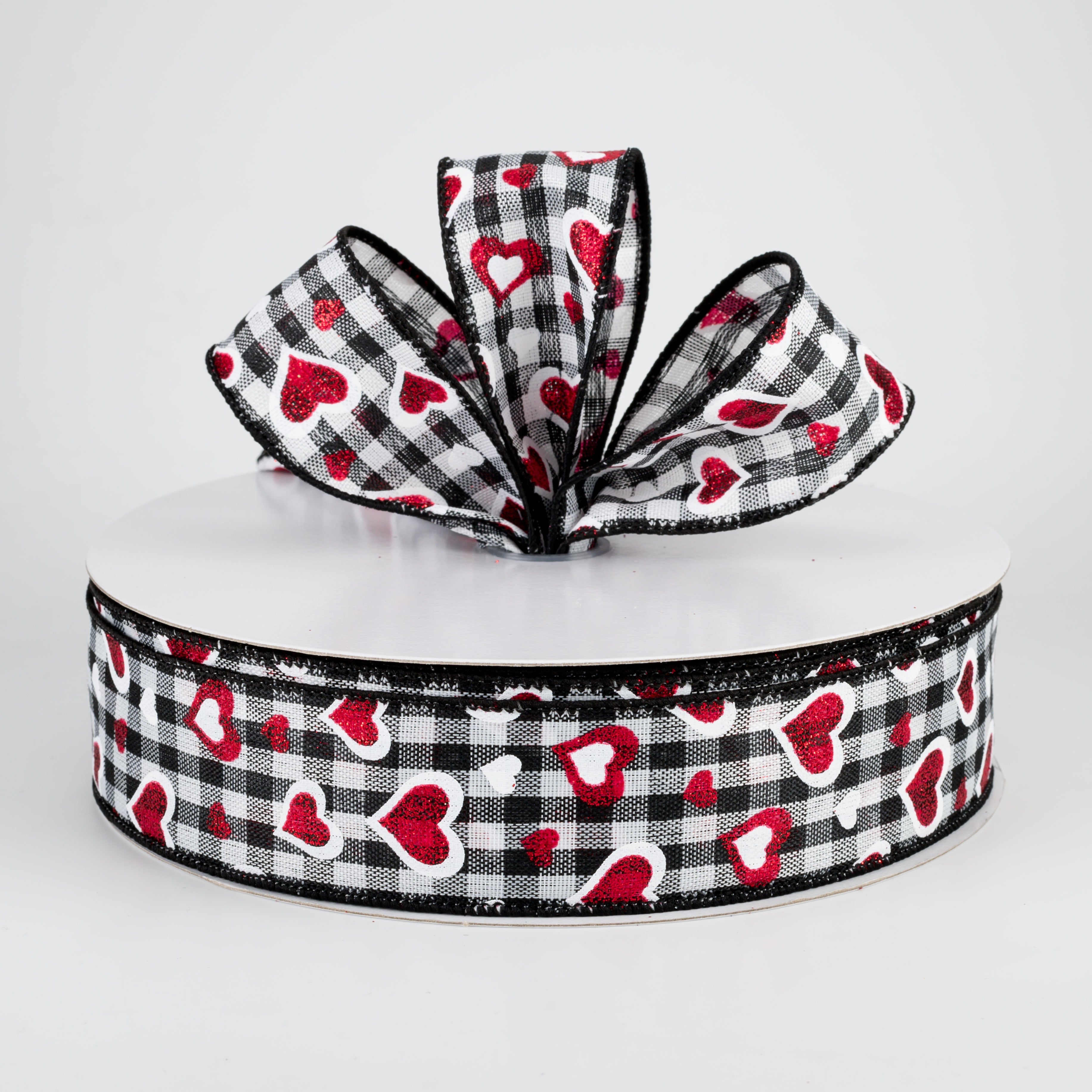 1.5" Red Glitter Hearts & Check Ribbon (50 Yards) Lifestyle Photo