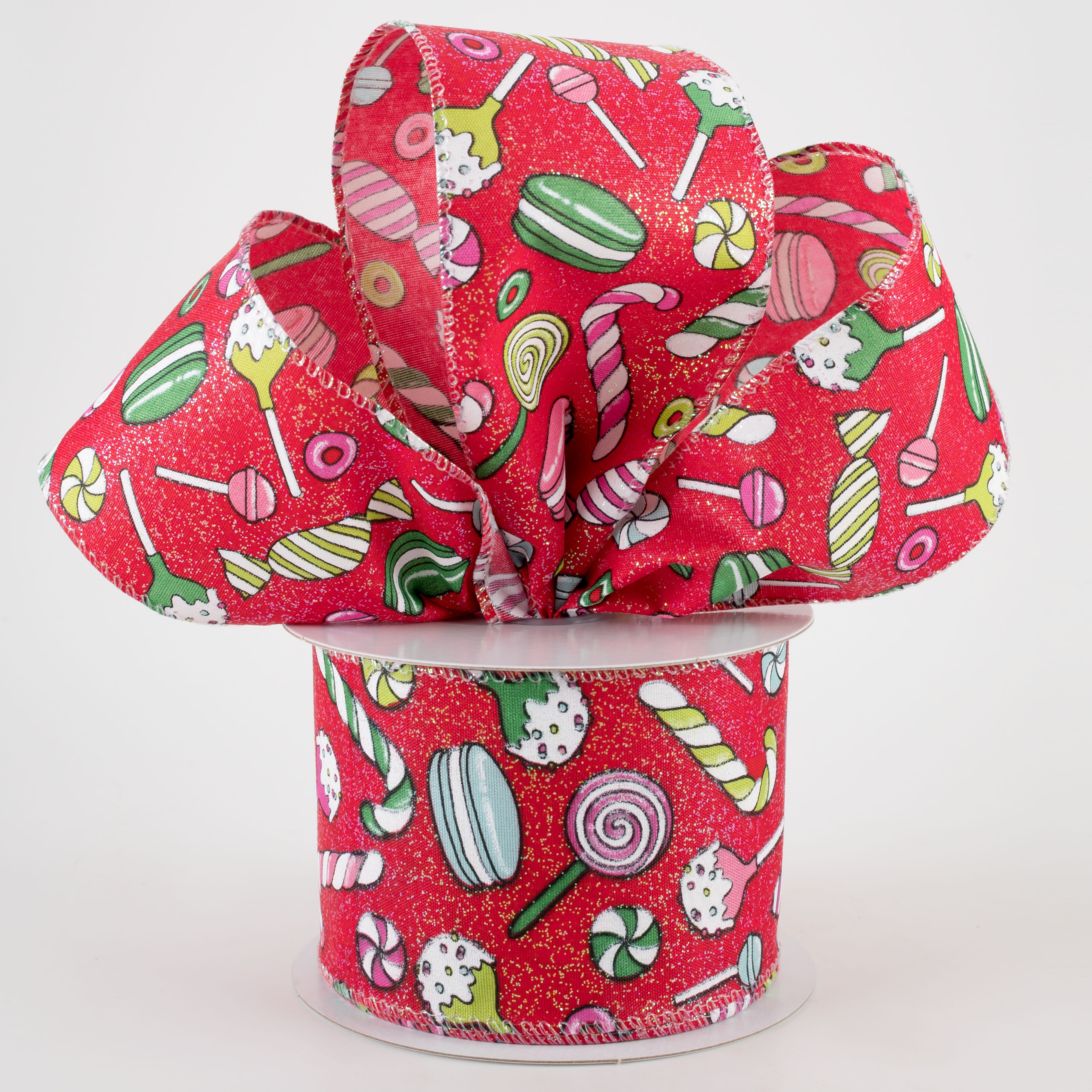 2.5" Red Glitter Satin Christmas Treats Ribbon (10 Yards) Lifestyle Photo