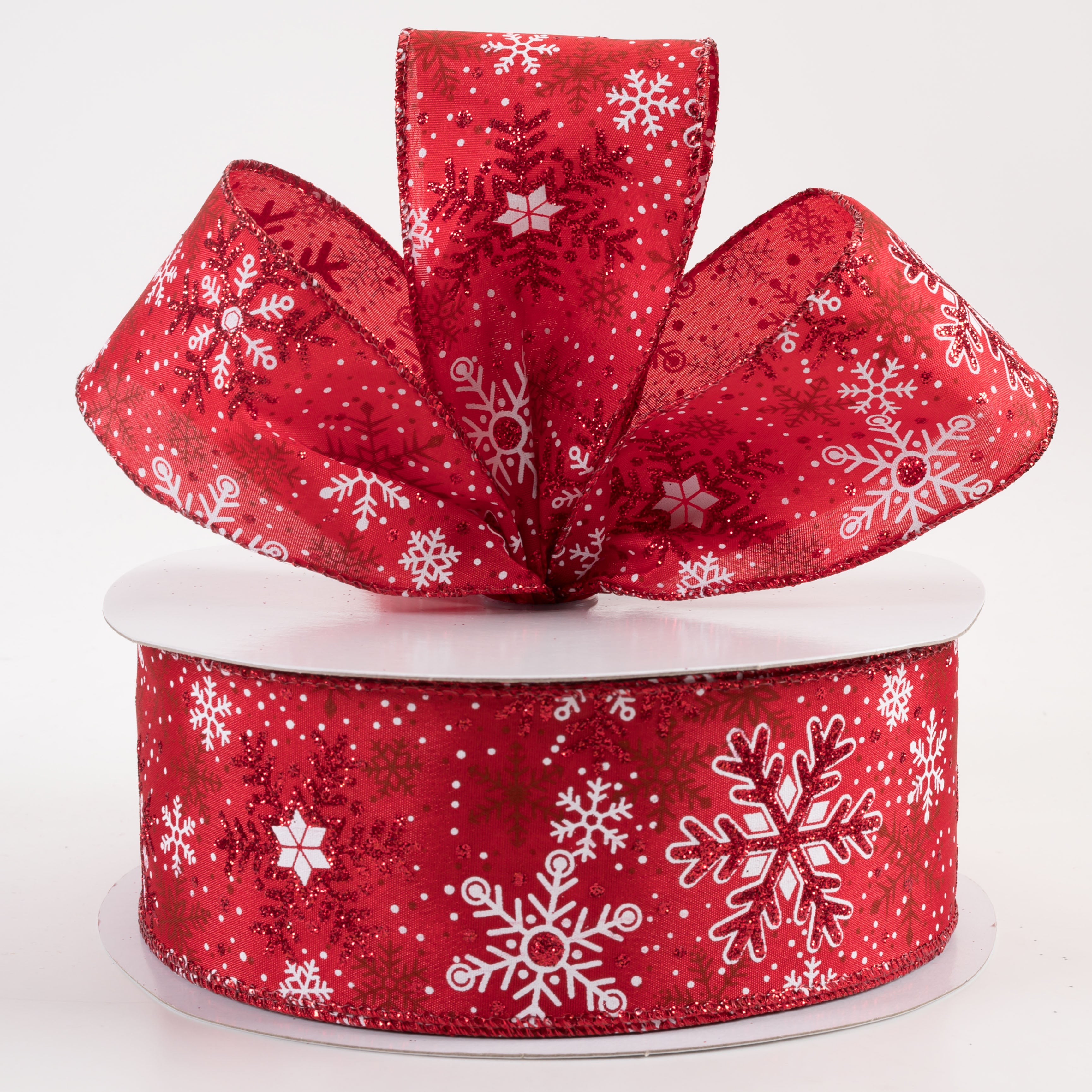 2.5" Red Glittered White Snowflakes Satin Ribbon: Red (50 Yards) Lifestyle Photo