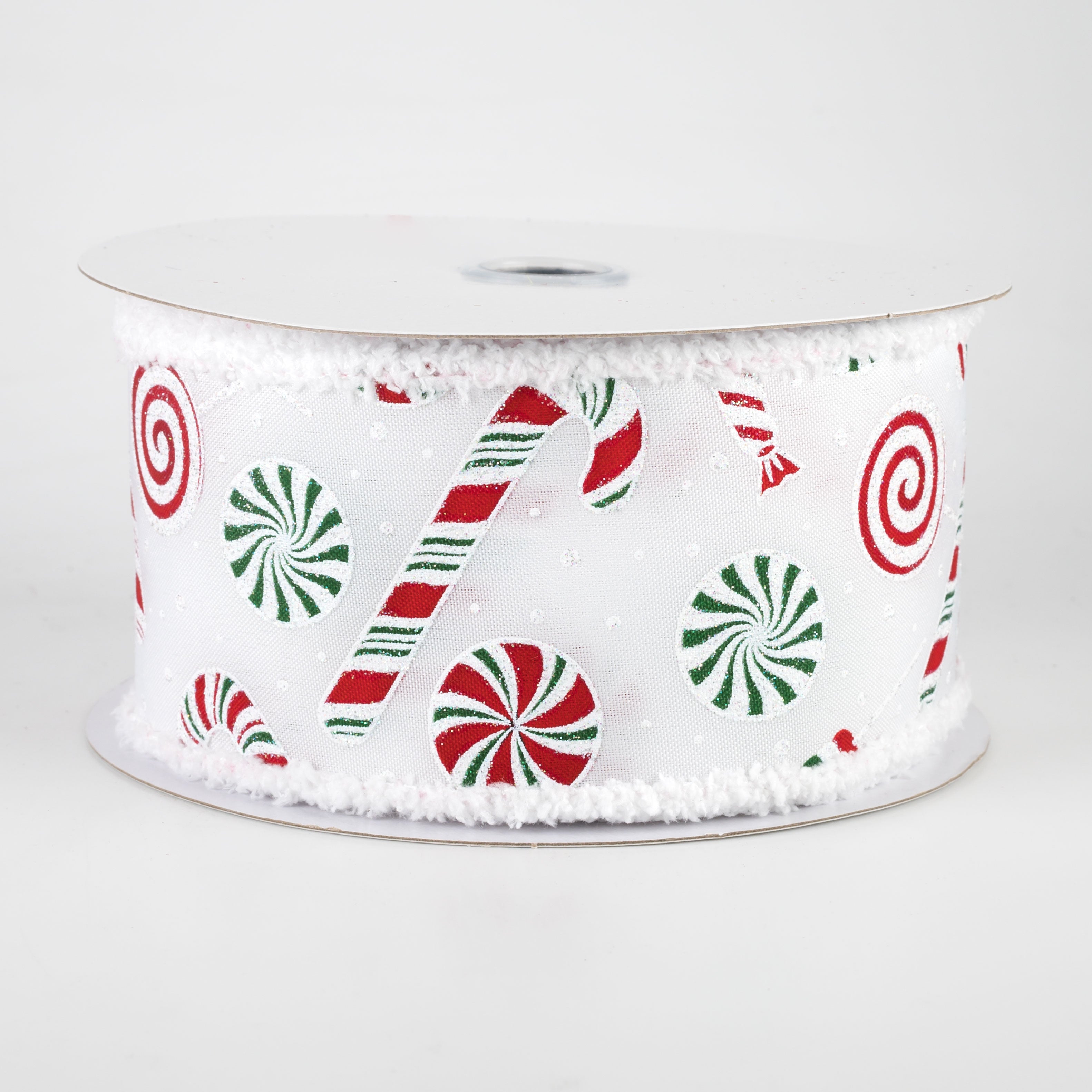 2.5" Red & Green Candy Cane & Peppermint Fuzzy Edge Ribbon: White (10 Yards)
