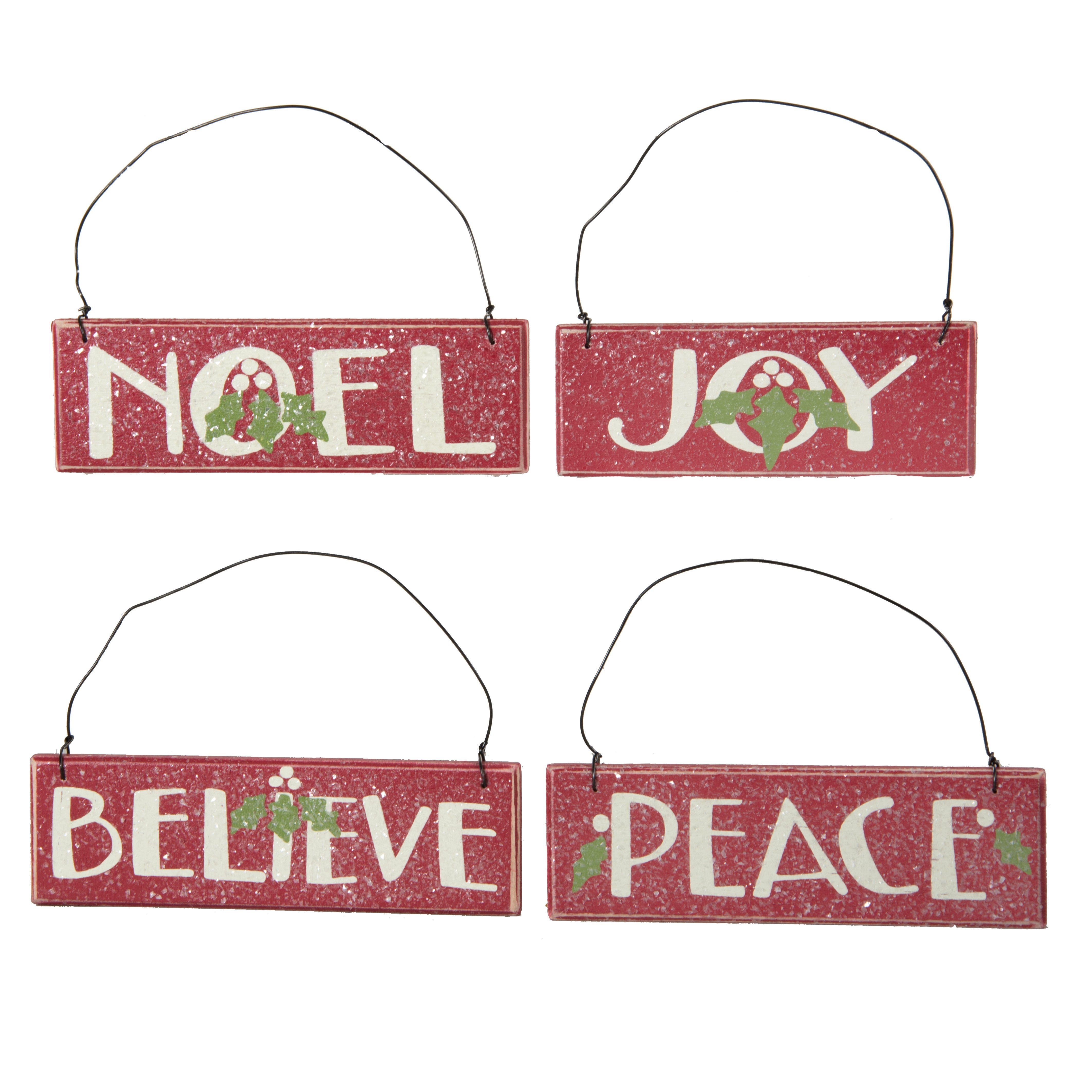 5" Red Slat Ornaments: Peace, Joy, Noel, Believe (Set of 4) Item Number: 32702