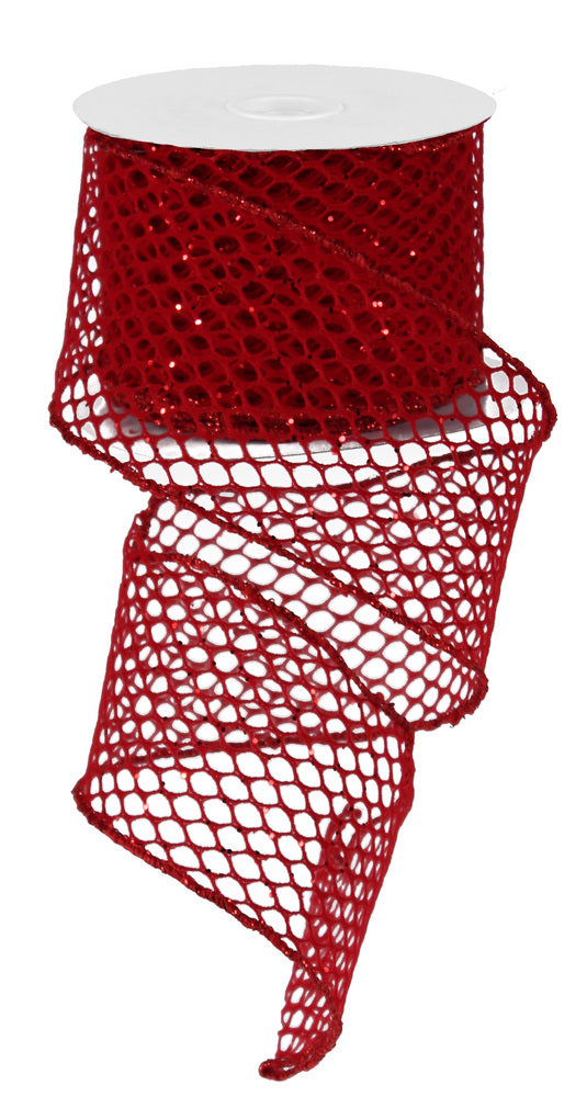 2.5" Red Velvet & Glitter Fishnet Ribbon (10 Yards) detail photo 3