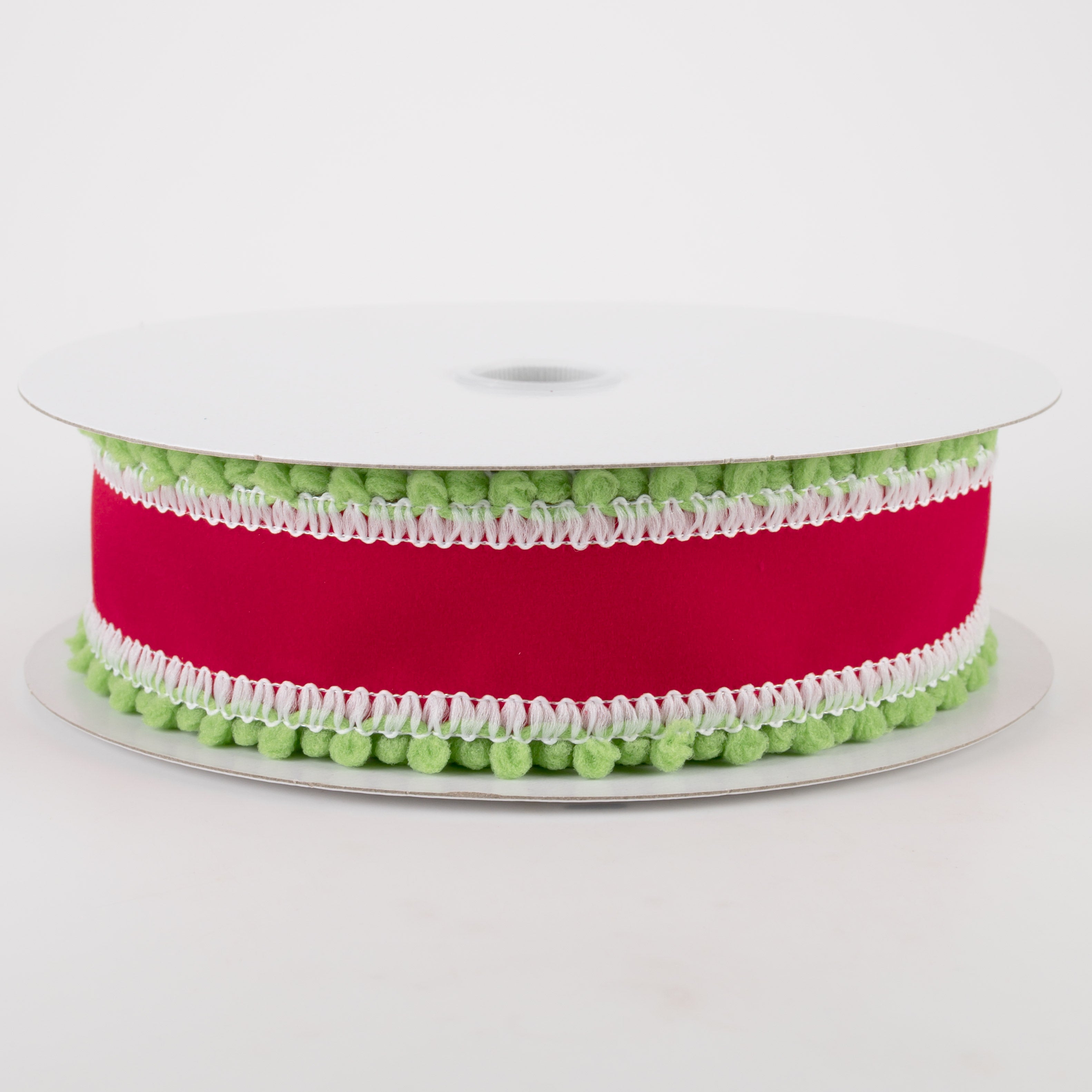 1.5" Red Velvet with Green Ball Edge Ribbon (10 Yards) Item Number: 71117-09-13