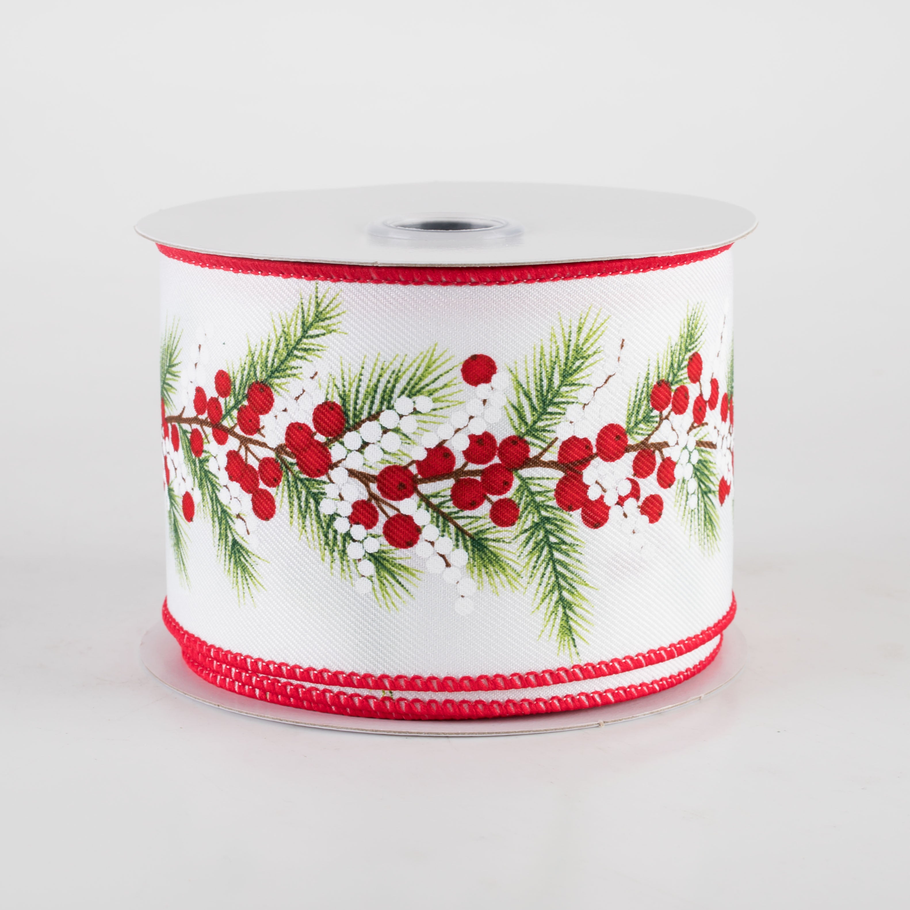 2.5" Red & White Berries and Pine Ribbon: White