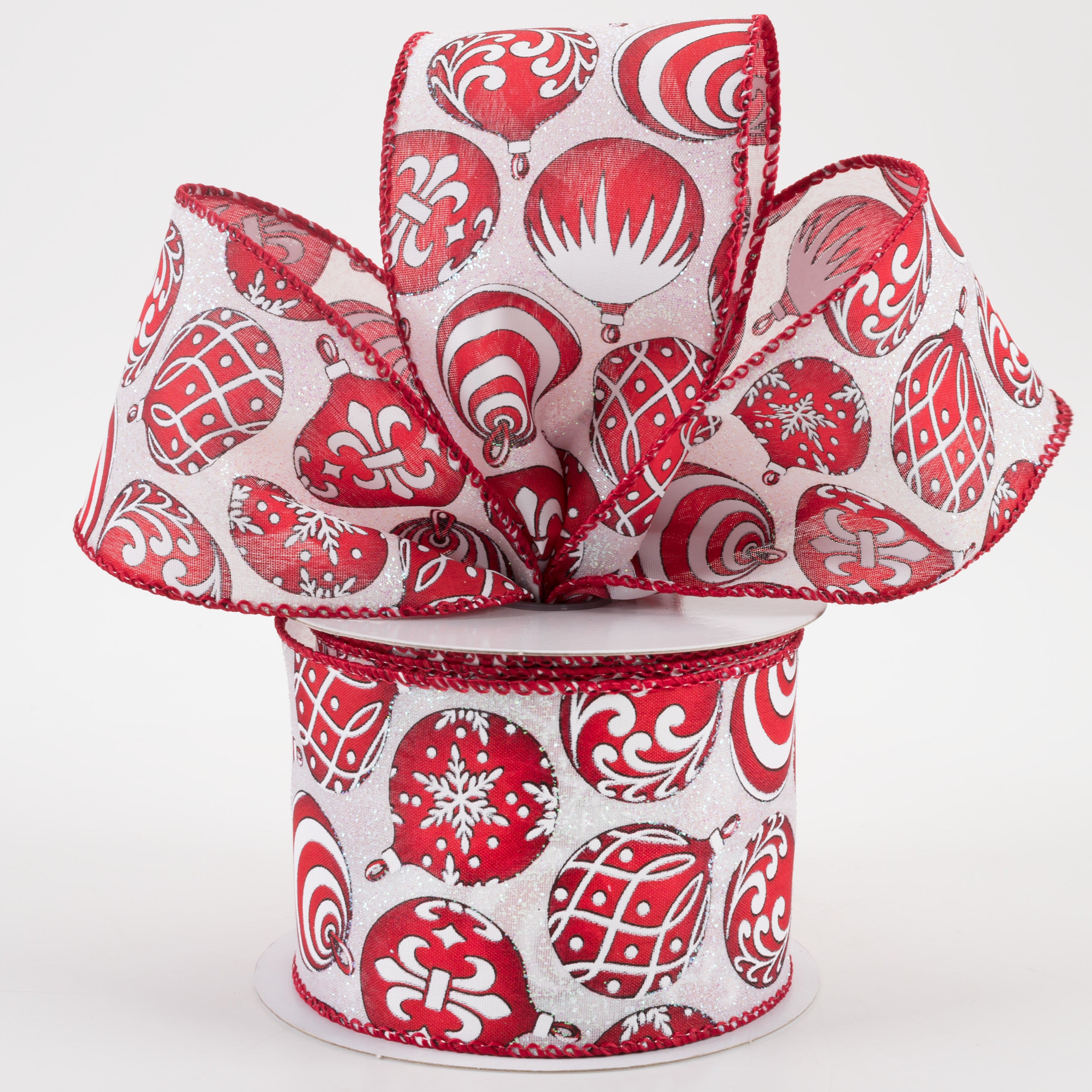 2.5" Red & White Ornaments on Iridescent Ribbon (10 yards) Lifestyle Photo