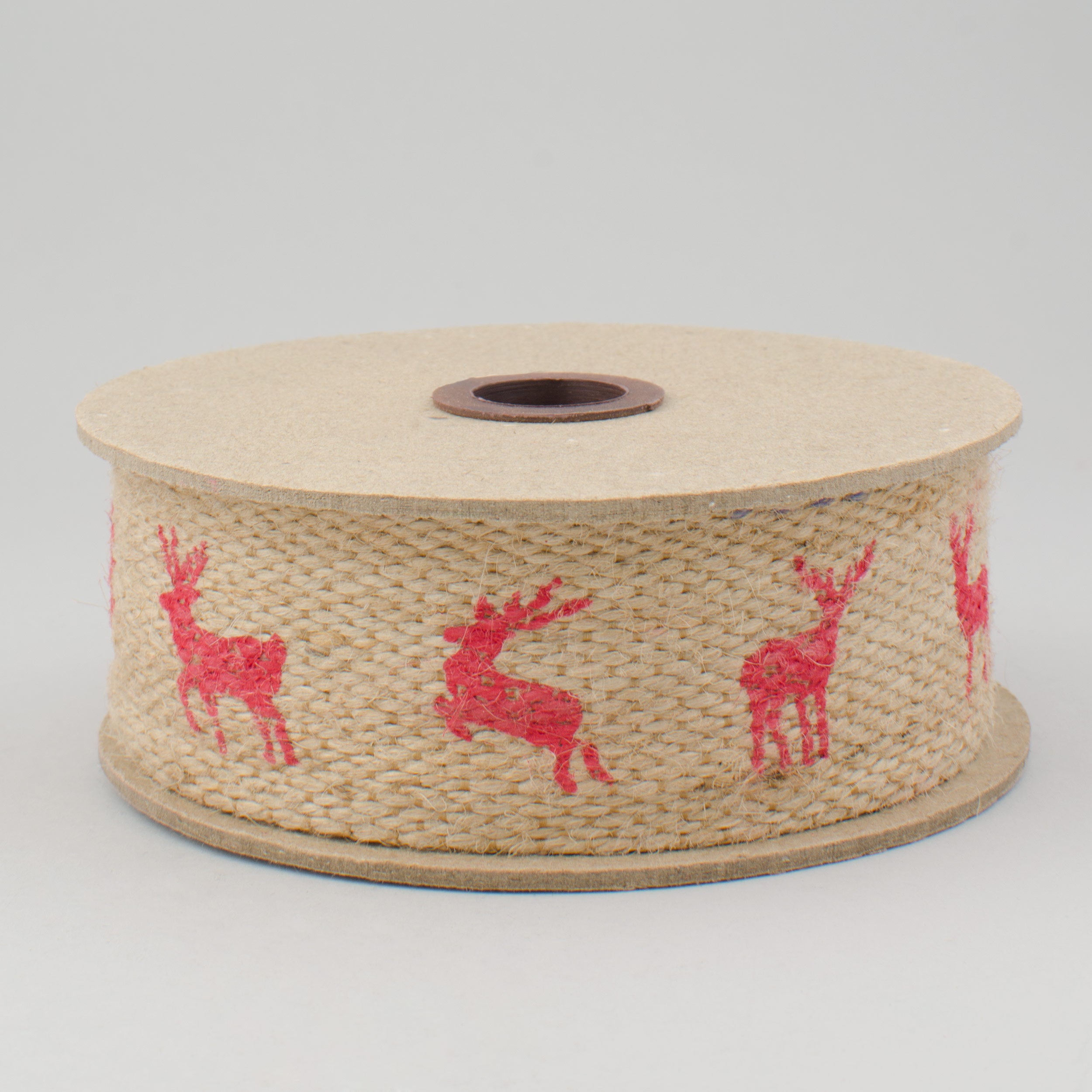 1.5" Reindeer Print Jute Ribbon: Natural & Red (5 Yards)