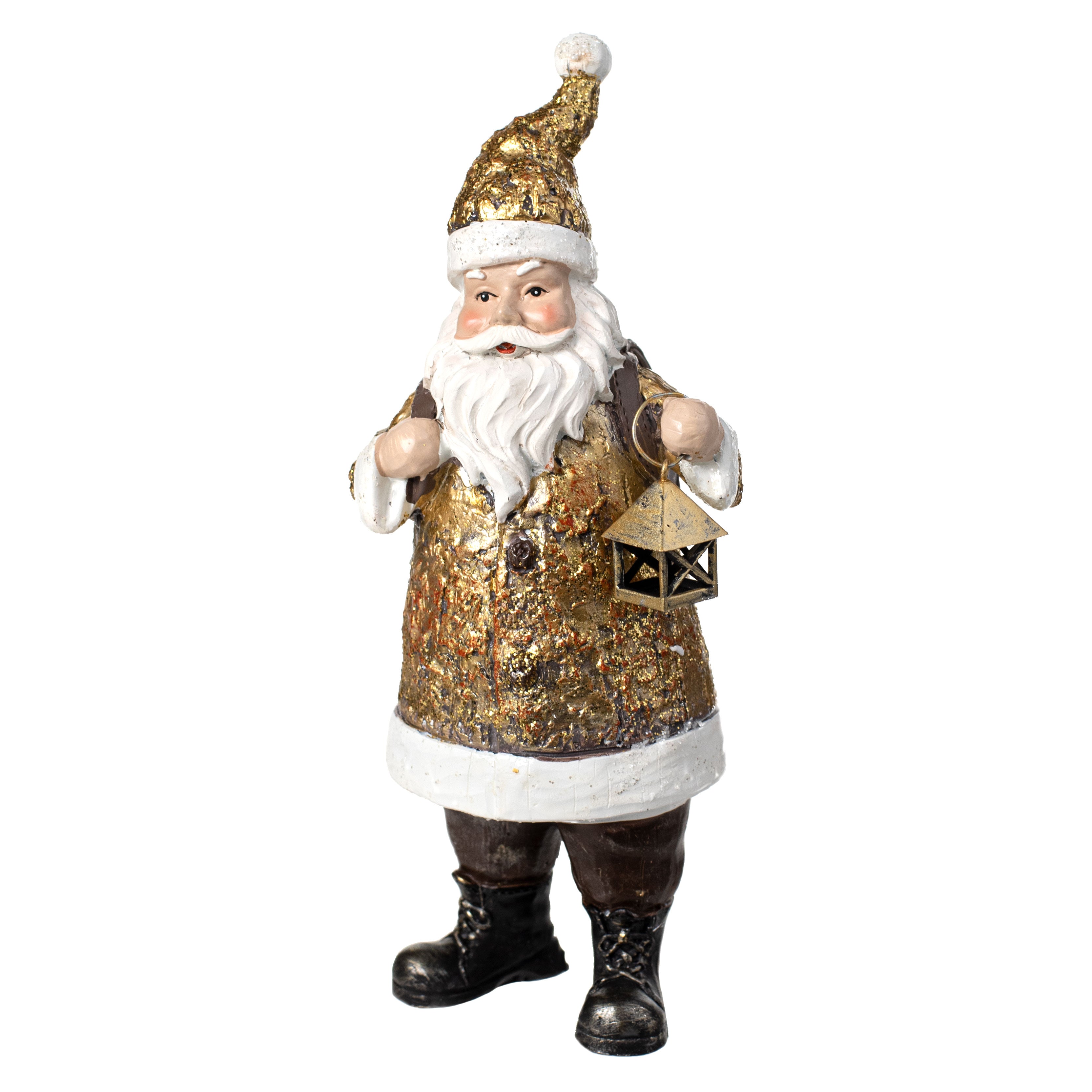 9.25" Resin Santa With Lantern Figurine: Antique Gold Item Number: XN358108