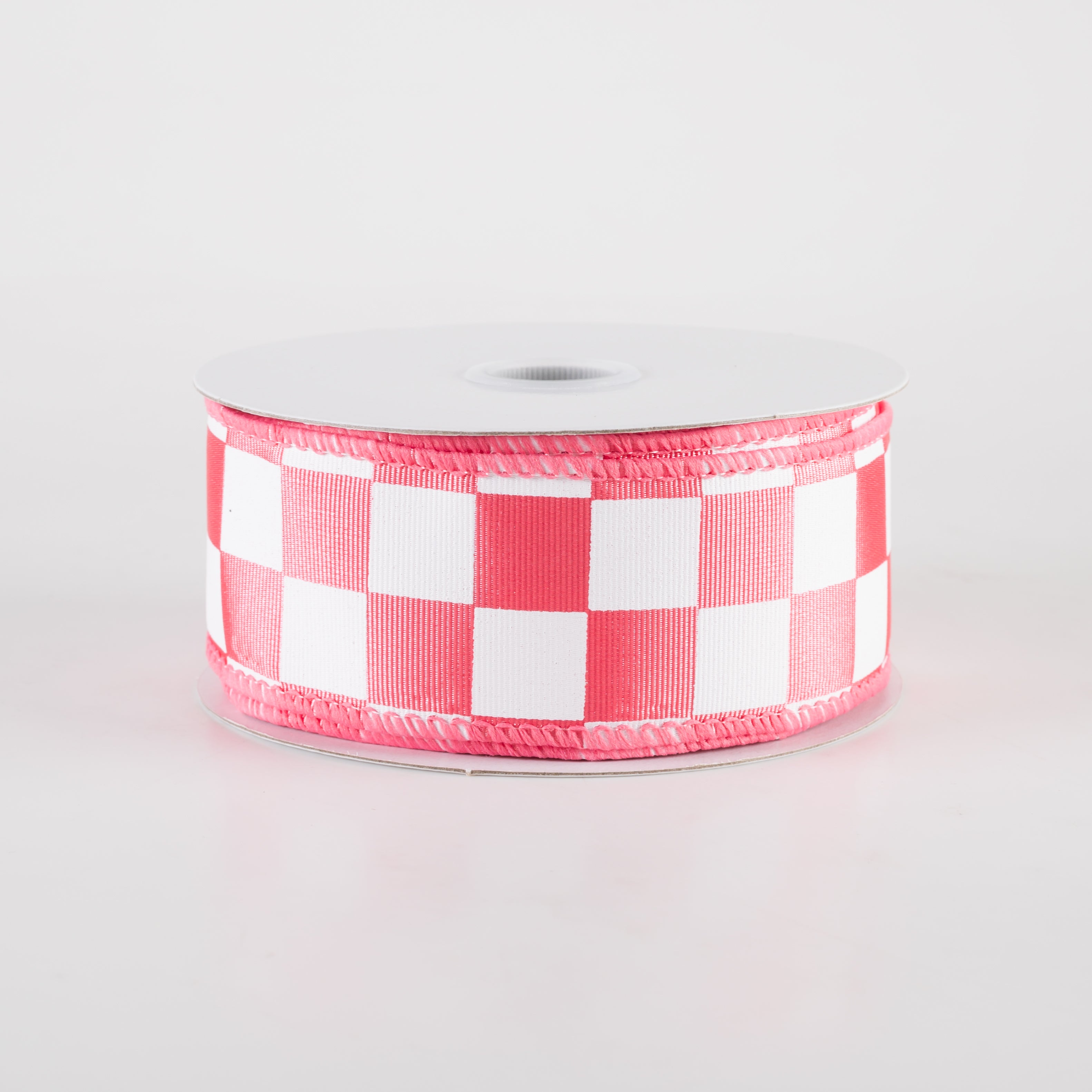 1.5" Ribbed Satin Race Check Ribbon: Coral & White (10 Yards) Item Number: 42435-09-43