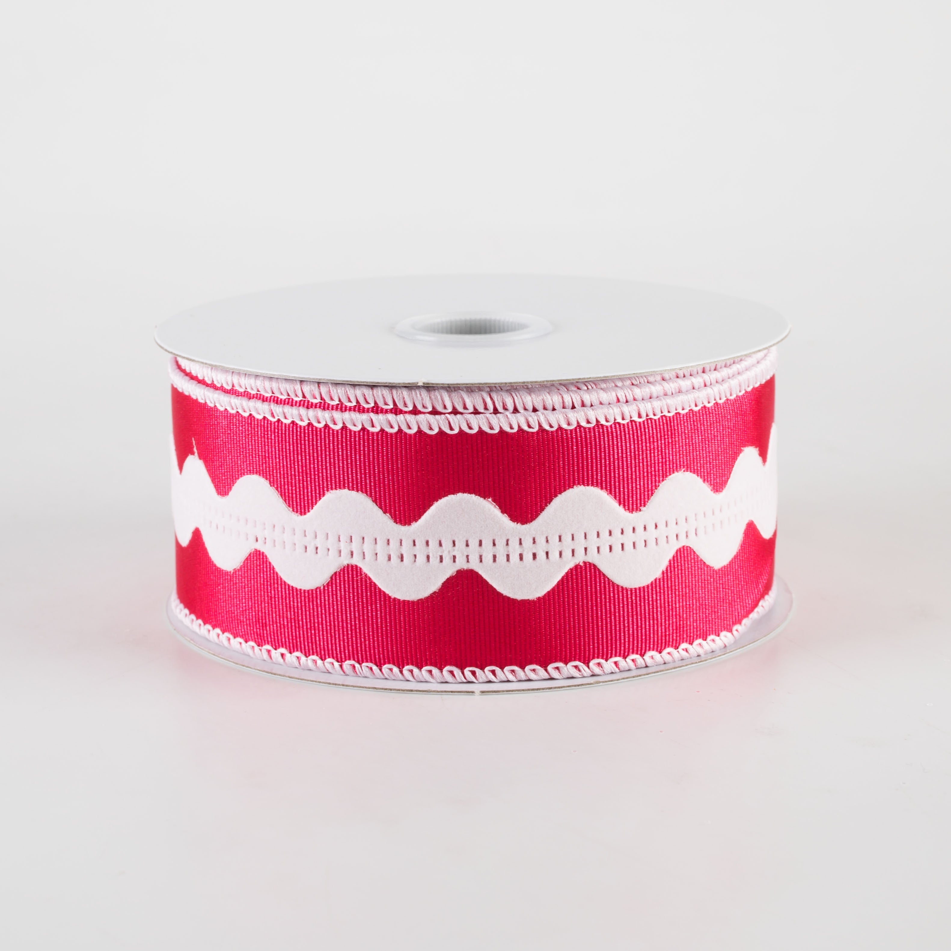 1.5" Ric Rac Center Ribbed Satin Ribbon: Fuchsia Pink & White (10 Yards)