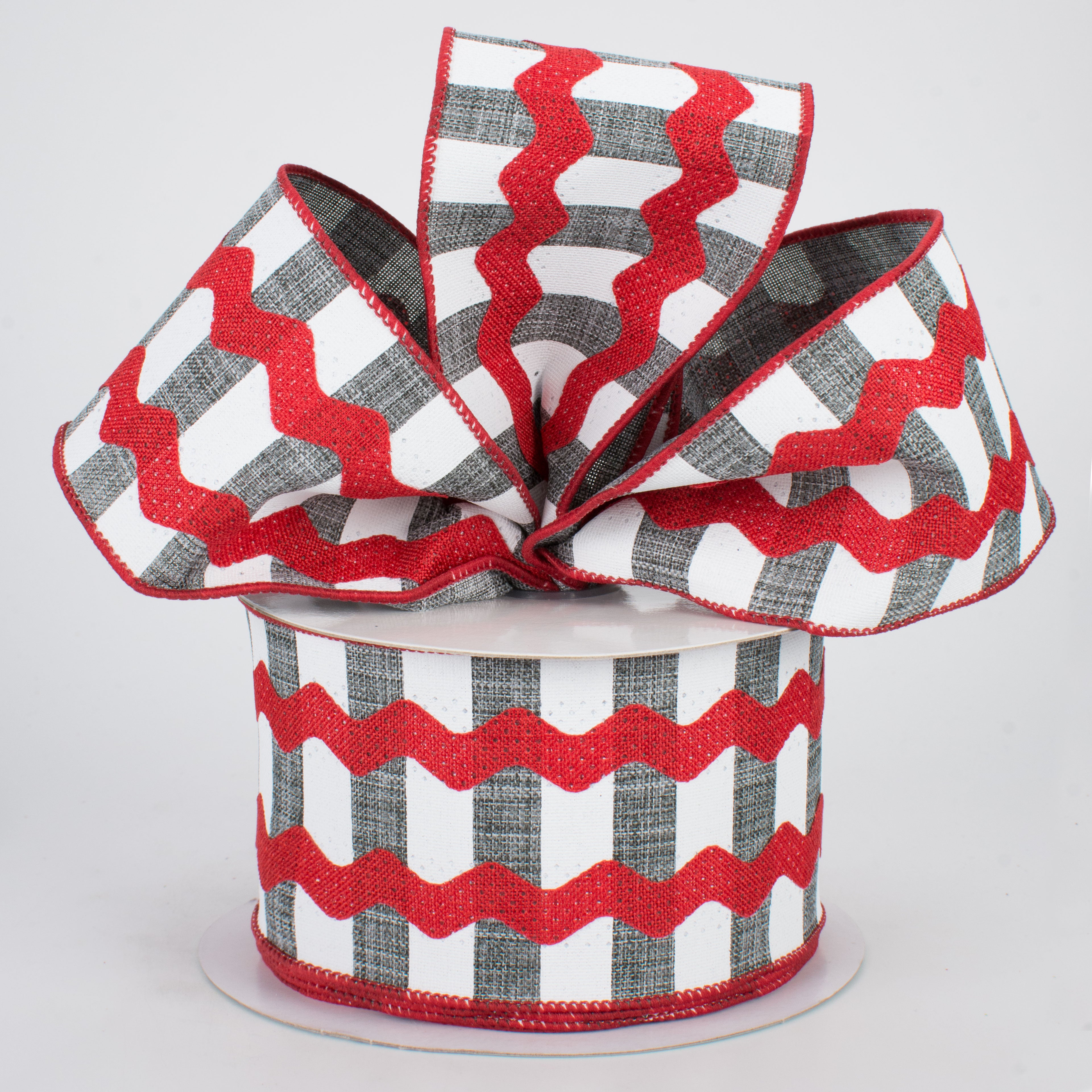 2.5" Ric Rac On Stripes Ribbon: Grey, White, Red (10 Yards) Lifestyle Photo