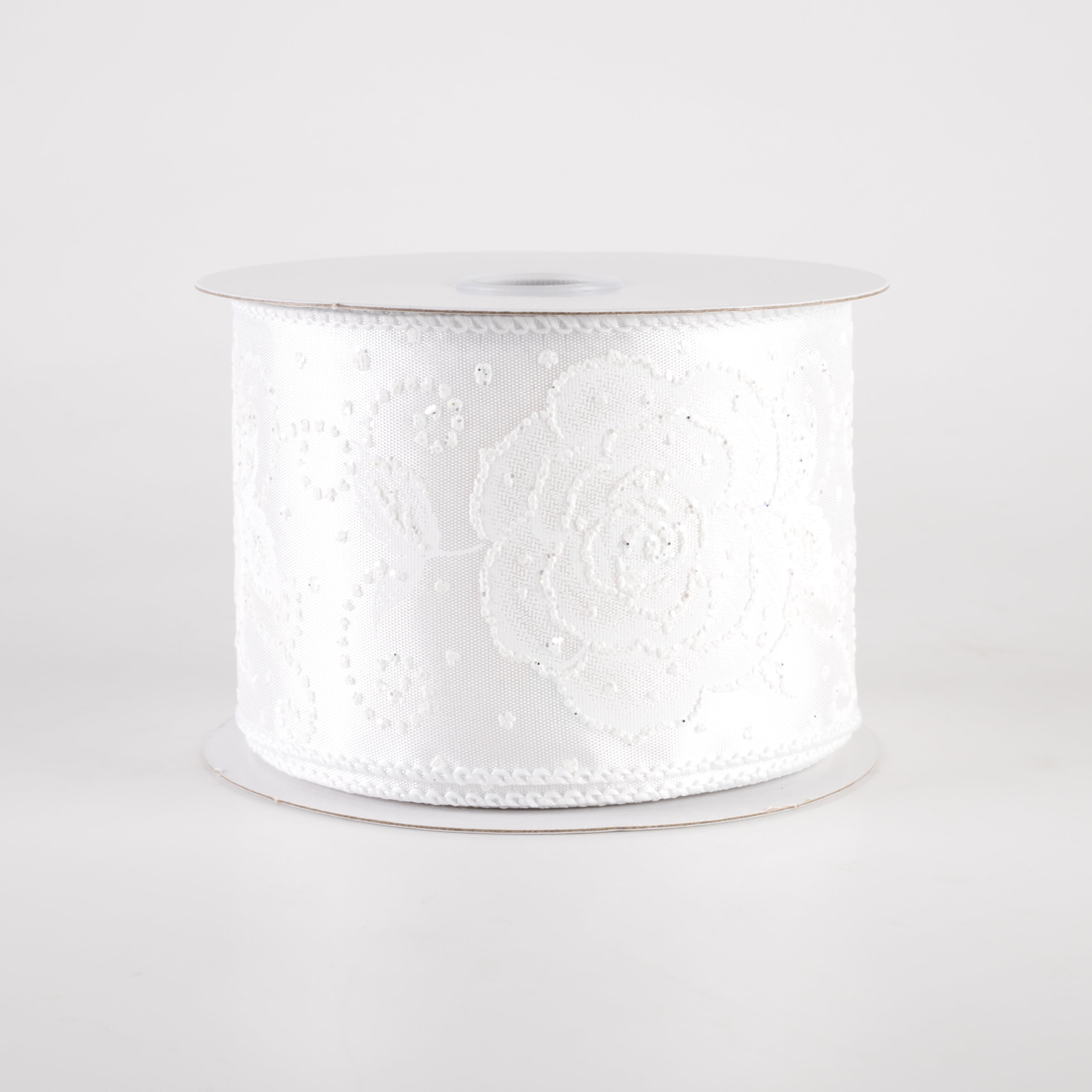 2.5" Rose with Pearl Dots Satin Ribbon: White (10 Yards)