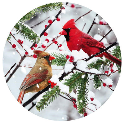 12" Round Metal Sign: Cardinals on Snowy Branch Item Number: AP0343