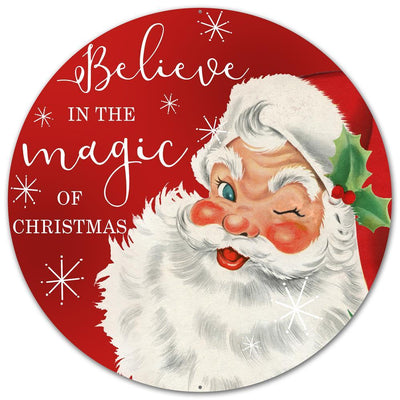 12" Round Metal Sign: Cream Santa Believe Item Number: AP0129
