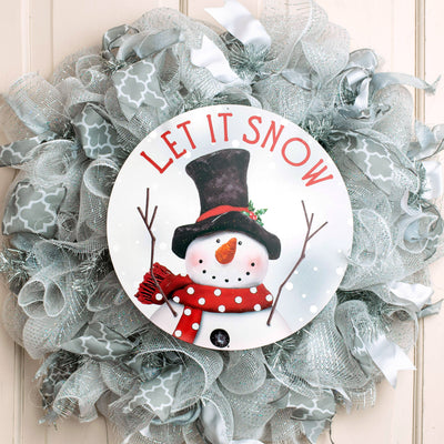 12" Round Metal Sign: Let It Snow Snowman Lifestyle Photo