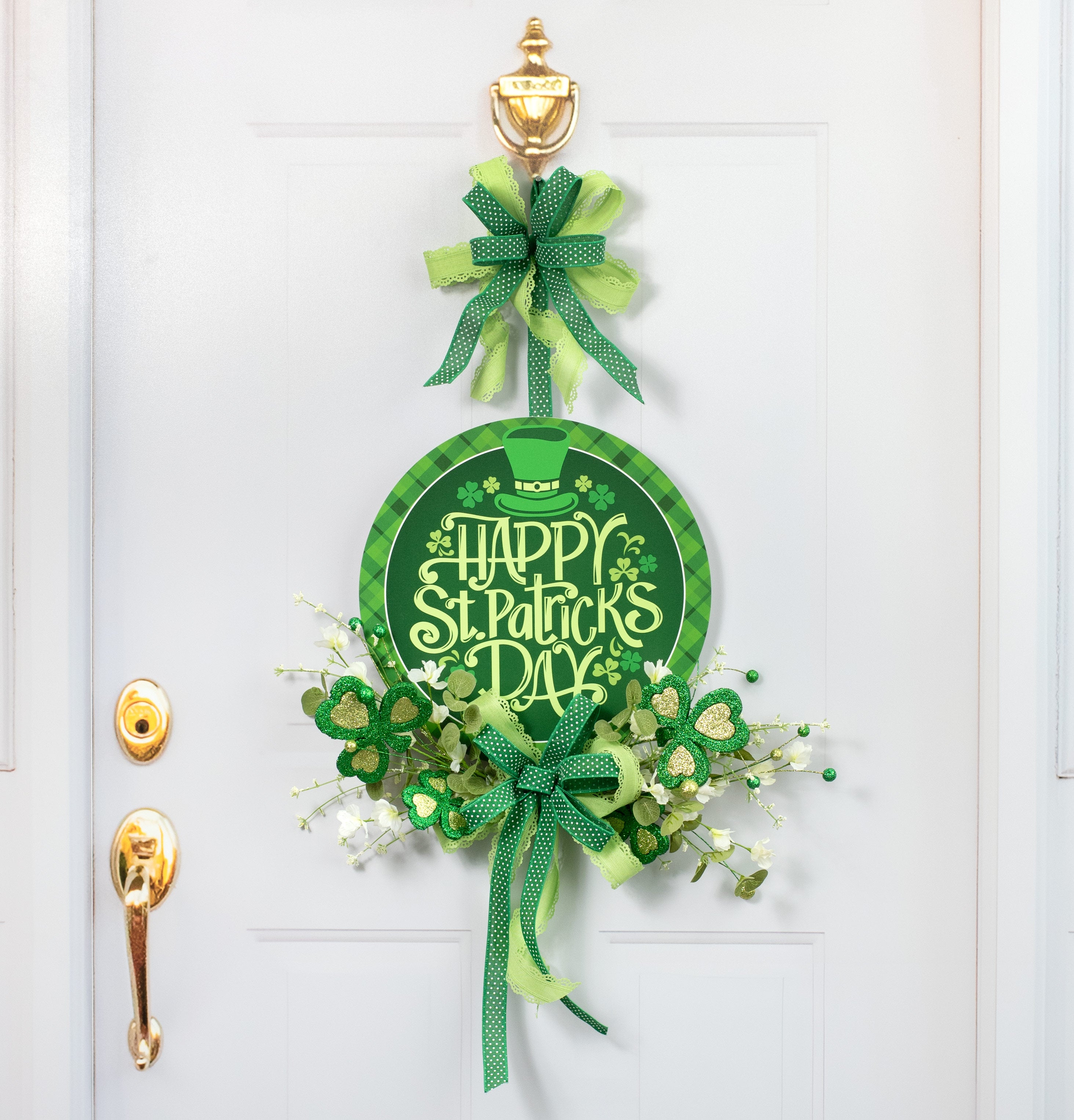 14" Round Waterproof BowTie Sign™: Happy St. Patrick's Day Plaid Lifestyle Photo