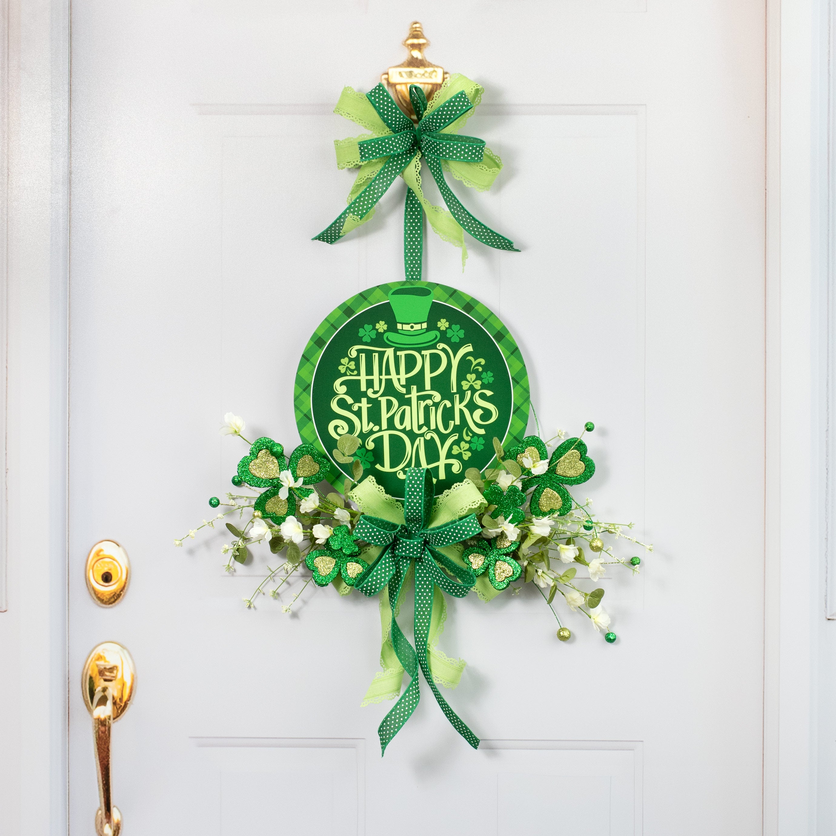 12" Round Waterproof BowTie Sign™: Happy St. Patrick's Day Plaid Lifestyle Photo