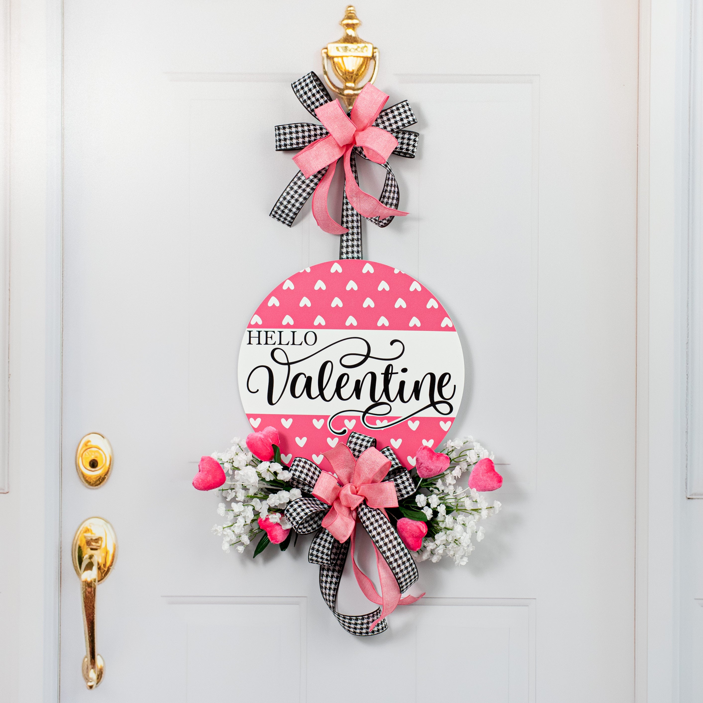 14" Round Waterproof BowTie Sign™: Pink Hearts Hello Valentine Lifestyle Photo