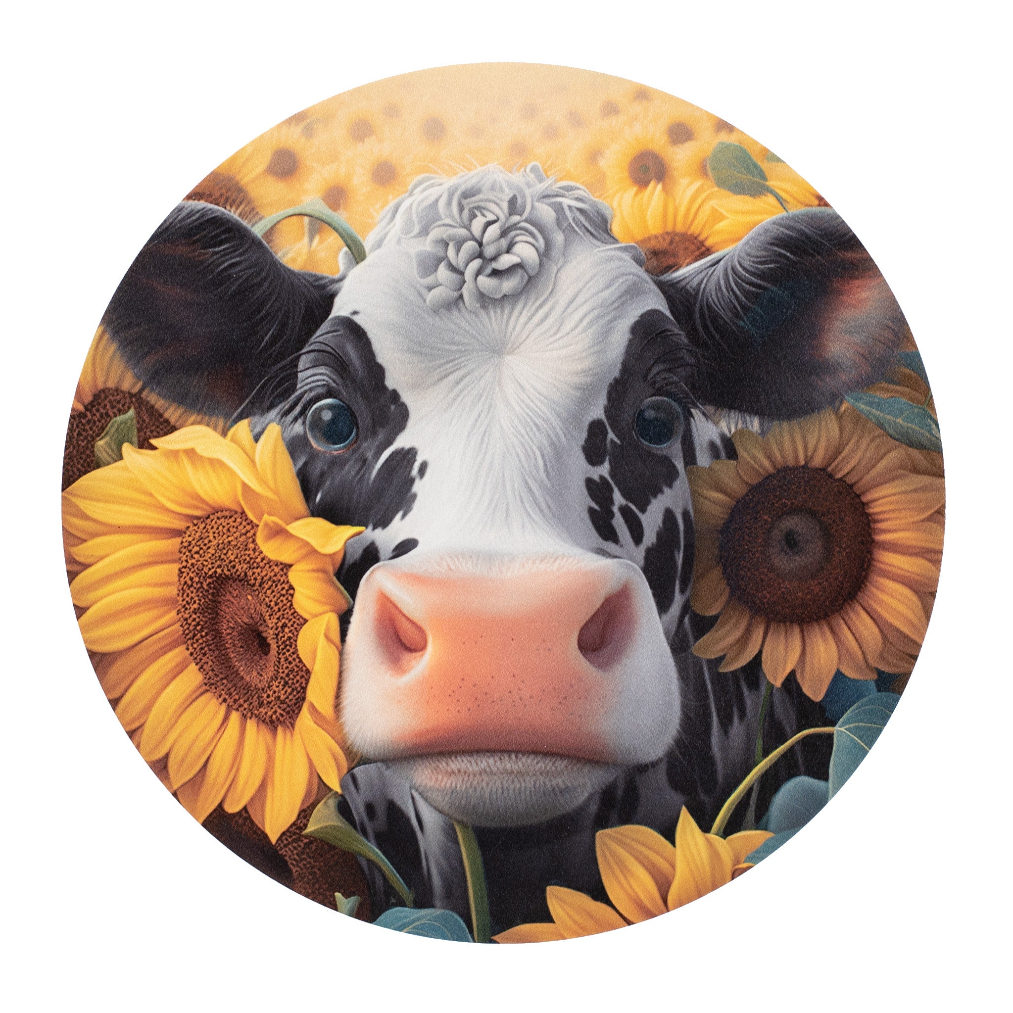 9.4" Round Waterproof Accent: Peeking Sunflower Cow Item Number: CD1049NH
