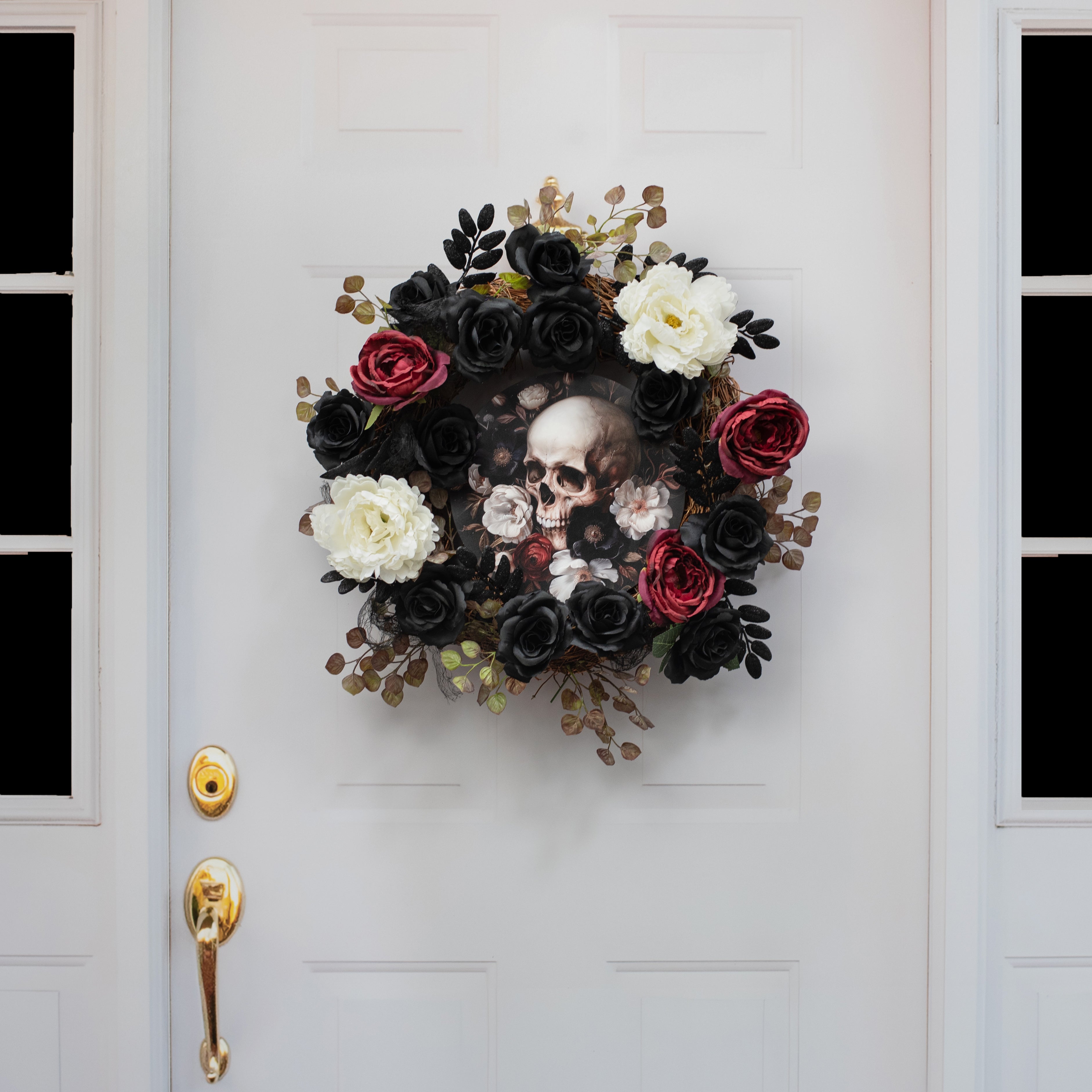 10.5" Round Waterproof Sign: Black, White & Red Floral Skull detail photo 4