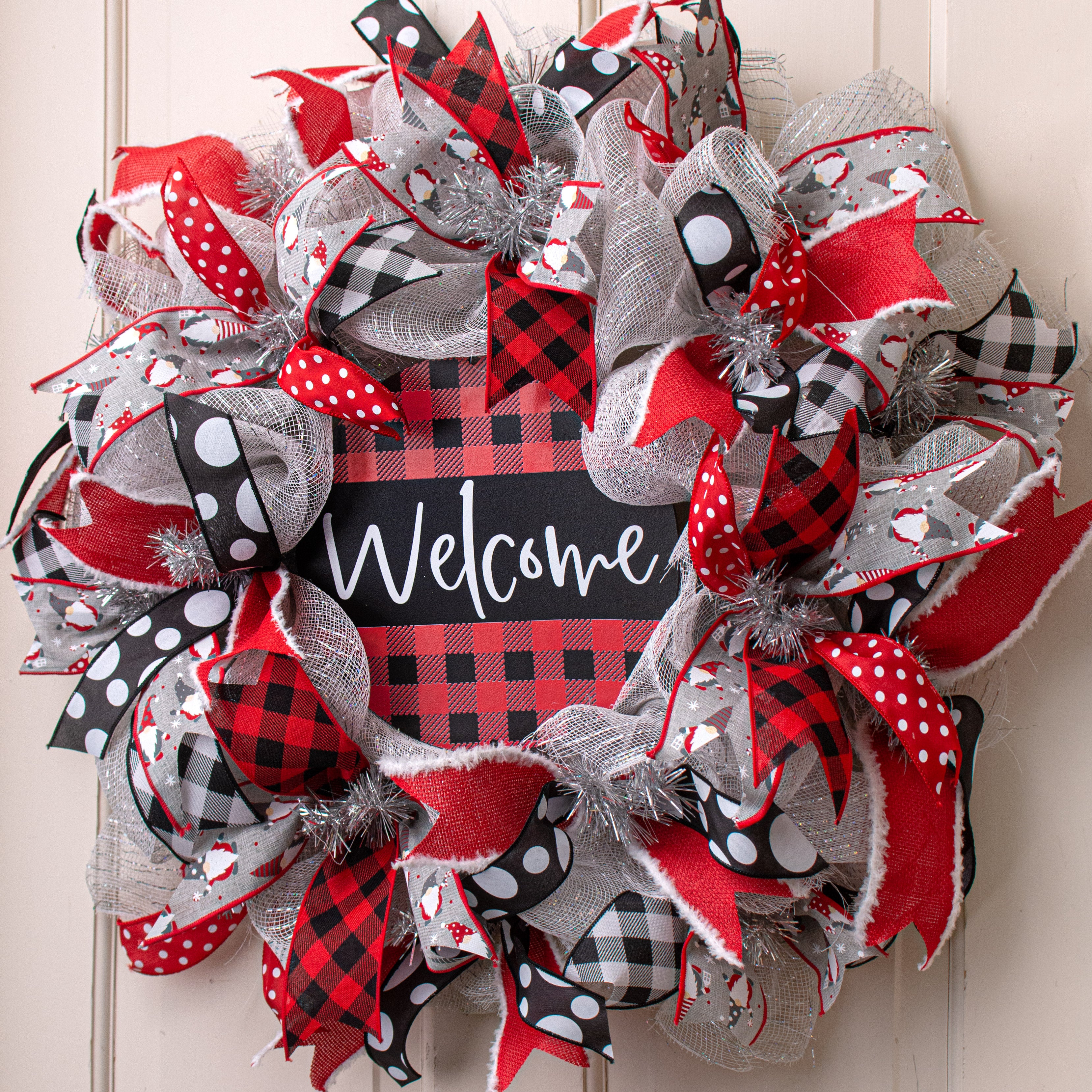 9.4" Round Waterproof Sign: Buffalo Plaid Welcome Red & Black detail photo 4