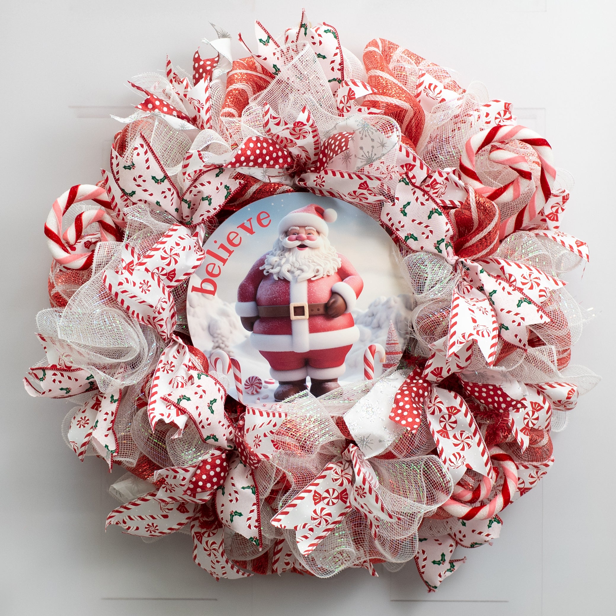10.5" Round Waterproof Sign: Candy Cane 3D Santa Believe Lifestyle Photo