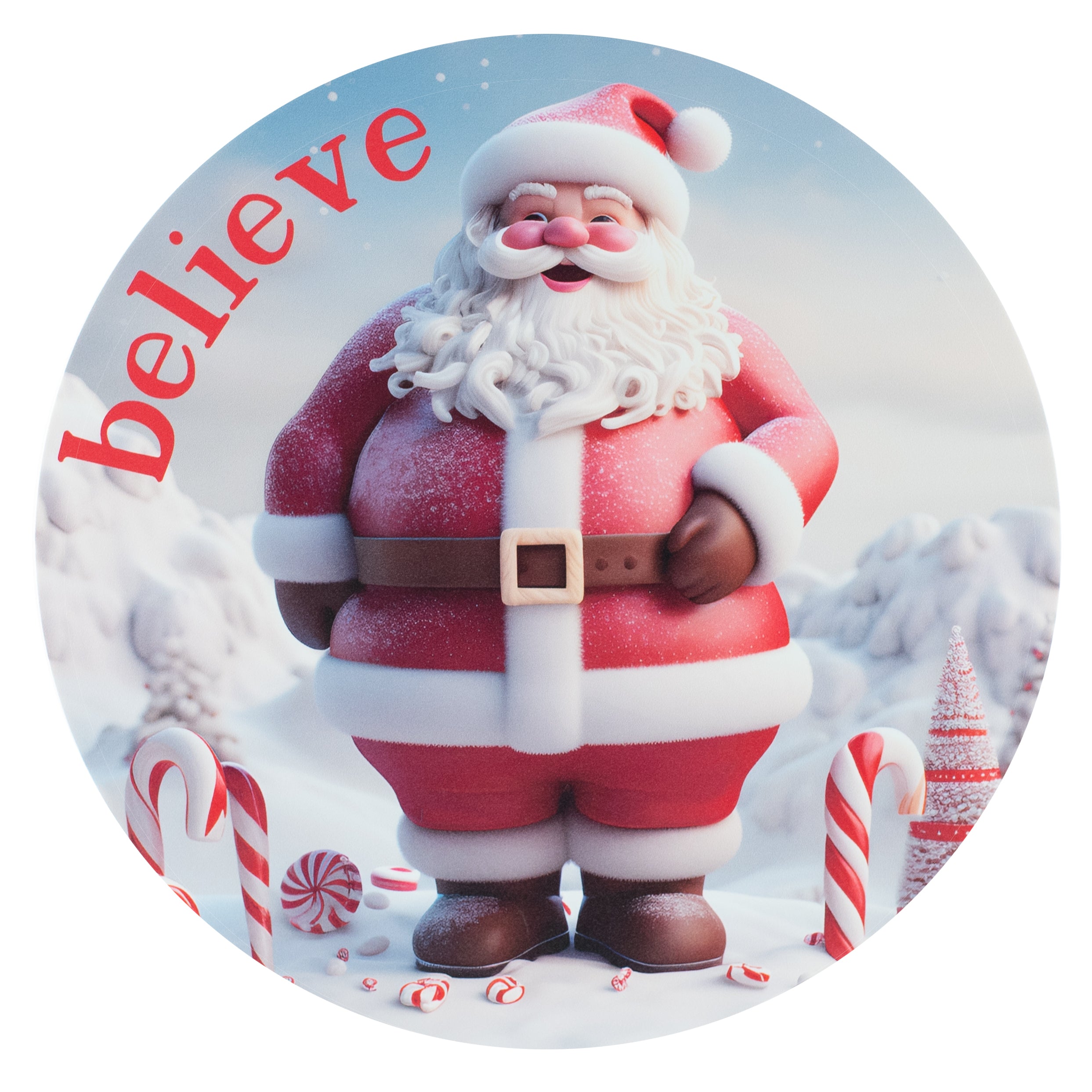 10.5" Round Waterproof Sign: Candy Cane 3D Santa Believe Item Number: CD1149NH