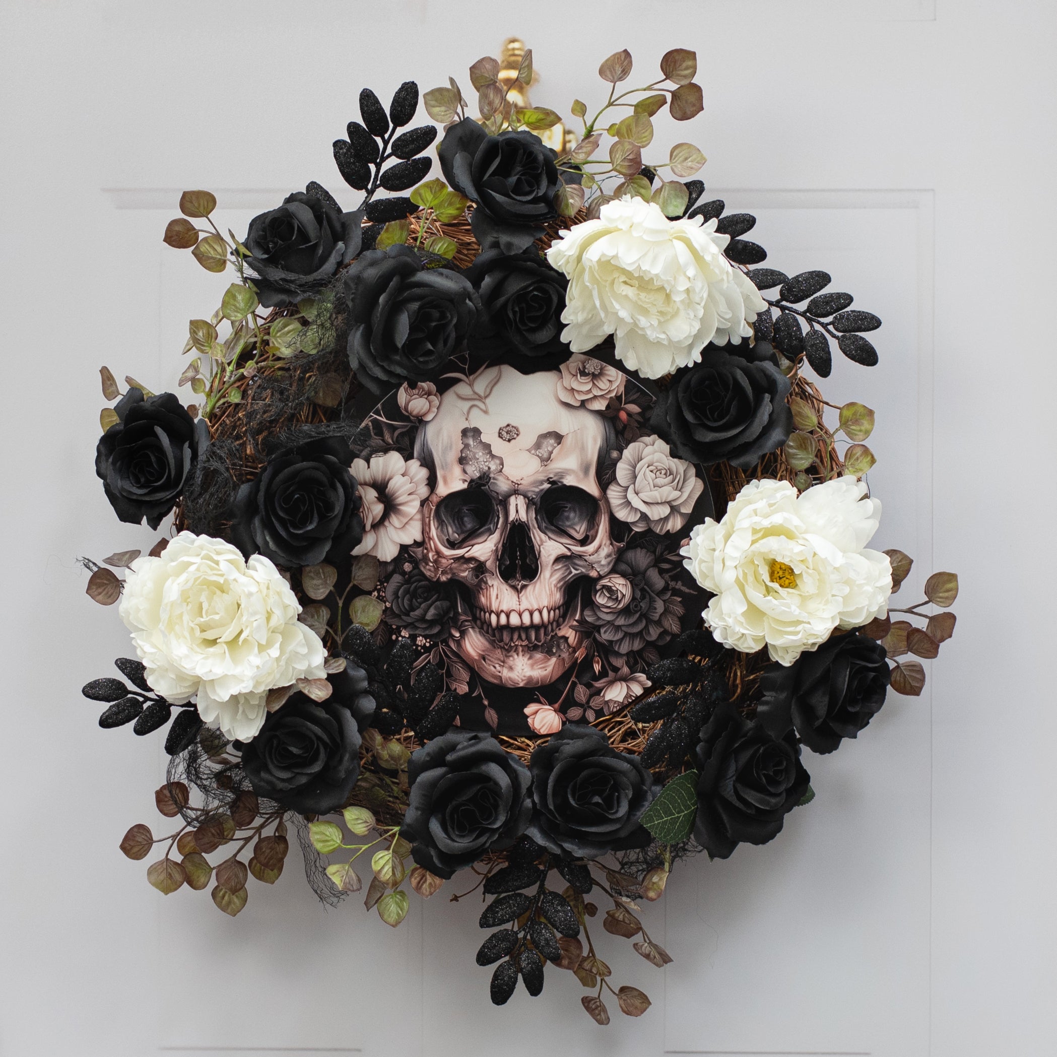 10.5" Round Waterproof Sign: Cream & Gray Floral Skull Lifestyle Photo