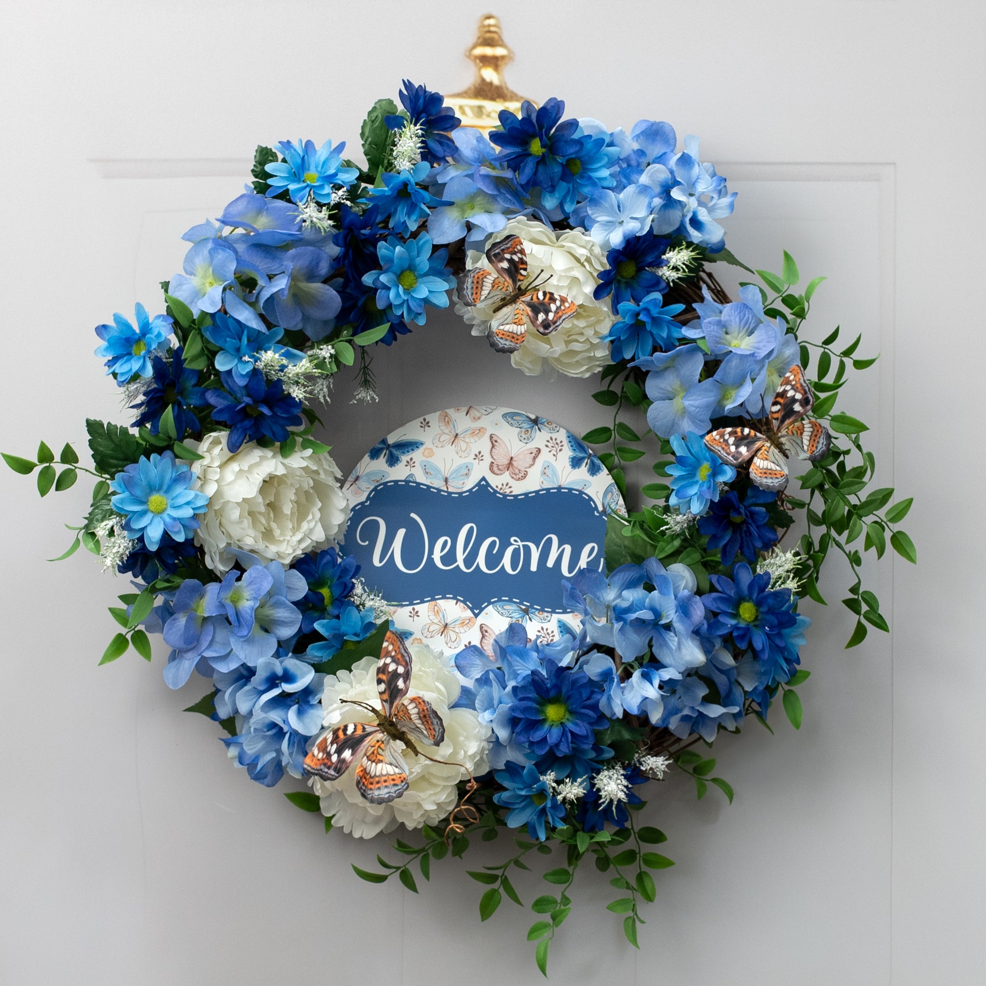 8.5" Round Waterproof Sign: Scalloped Welcome Blue Brown Butterflies Lifestyle Photo