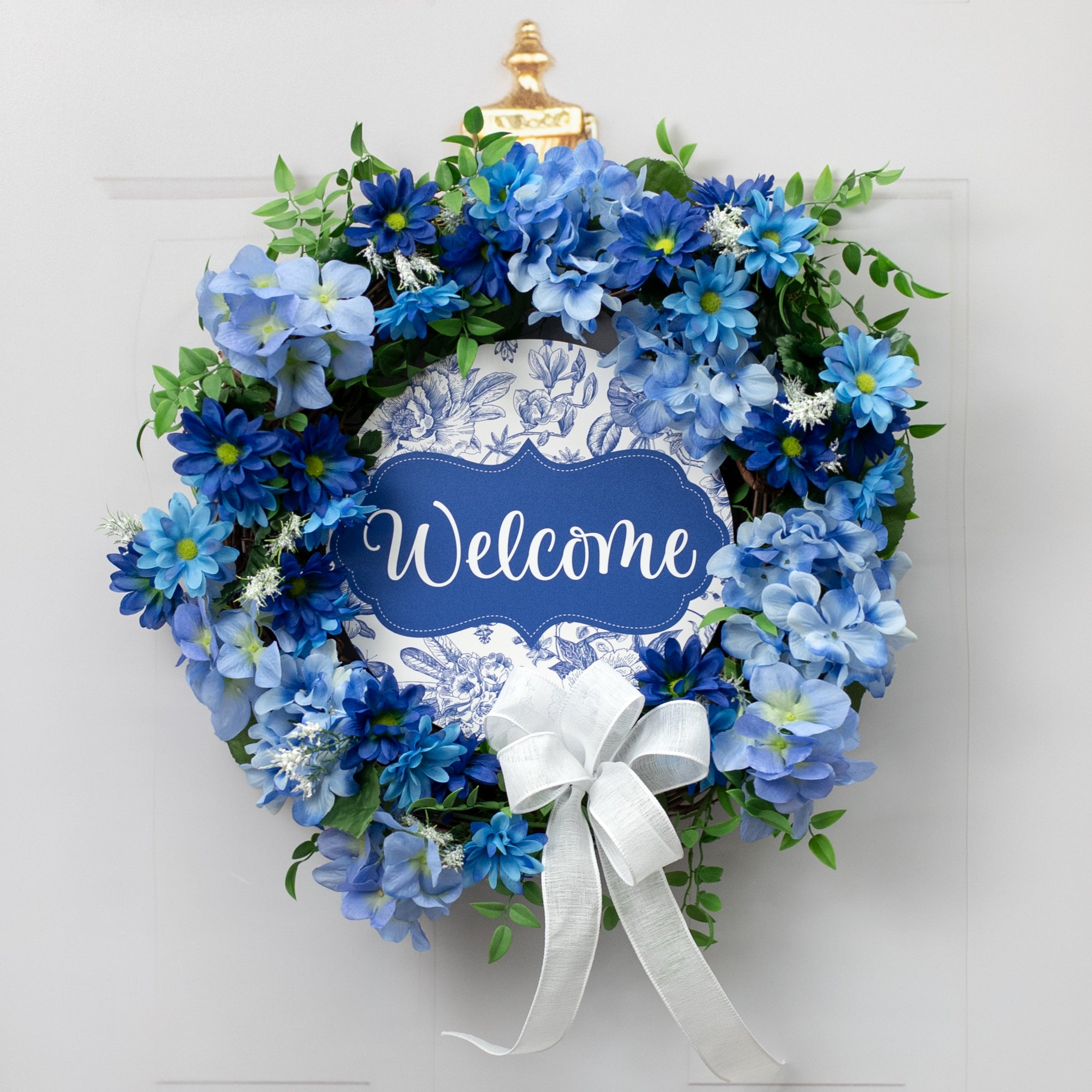 10.5" Round Waterproof Sign: Scalloped Welcome Blue Floral Chinoiserie Lifestyle Photo
