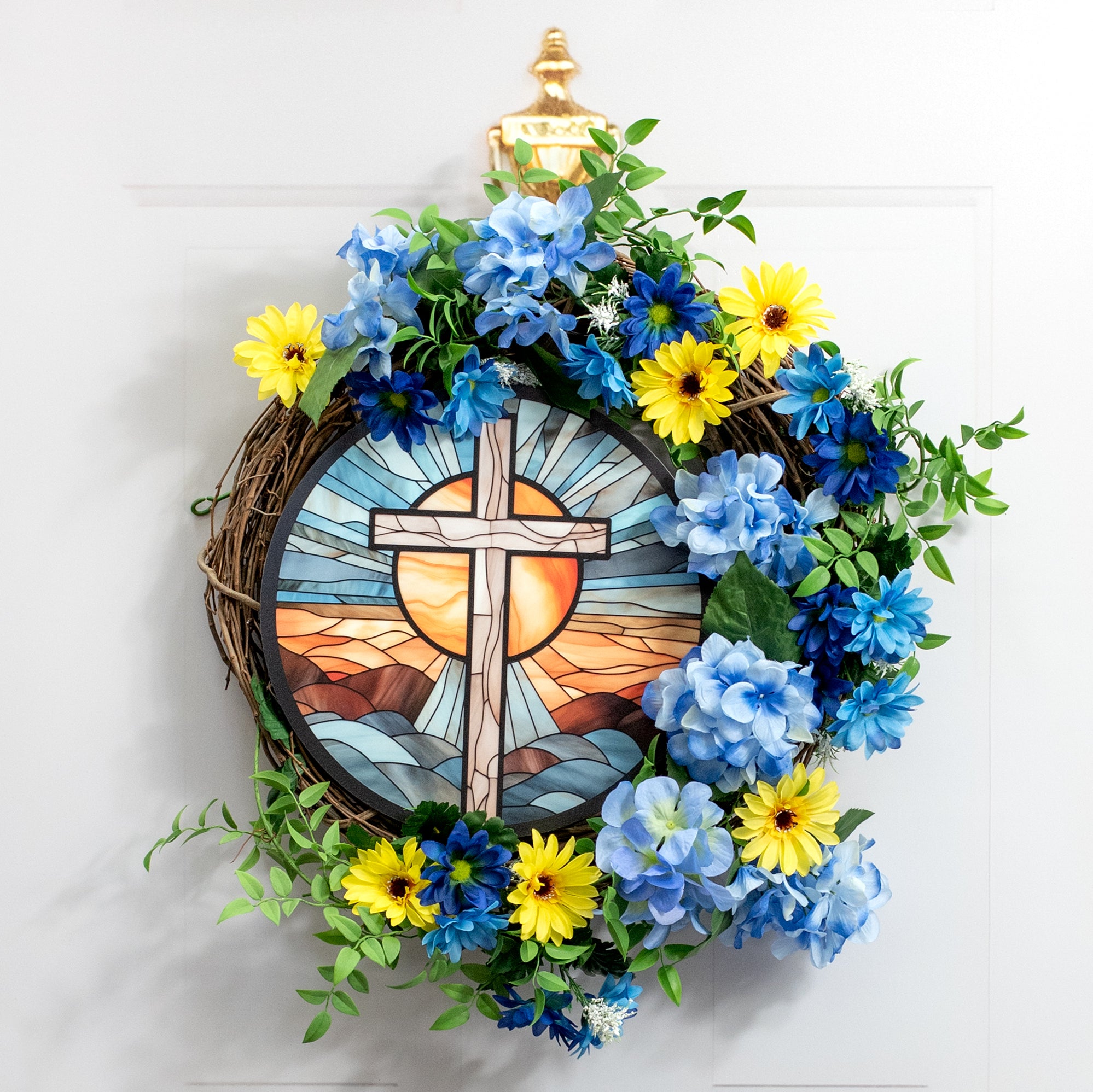 11.75" Round Waterproof Sign: Stained Glass Easter Cross Lifestyle Photo