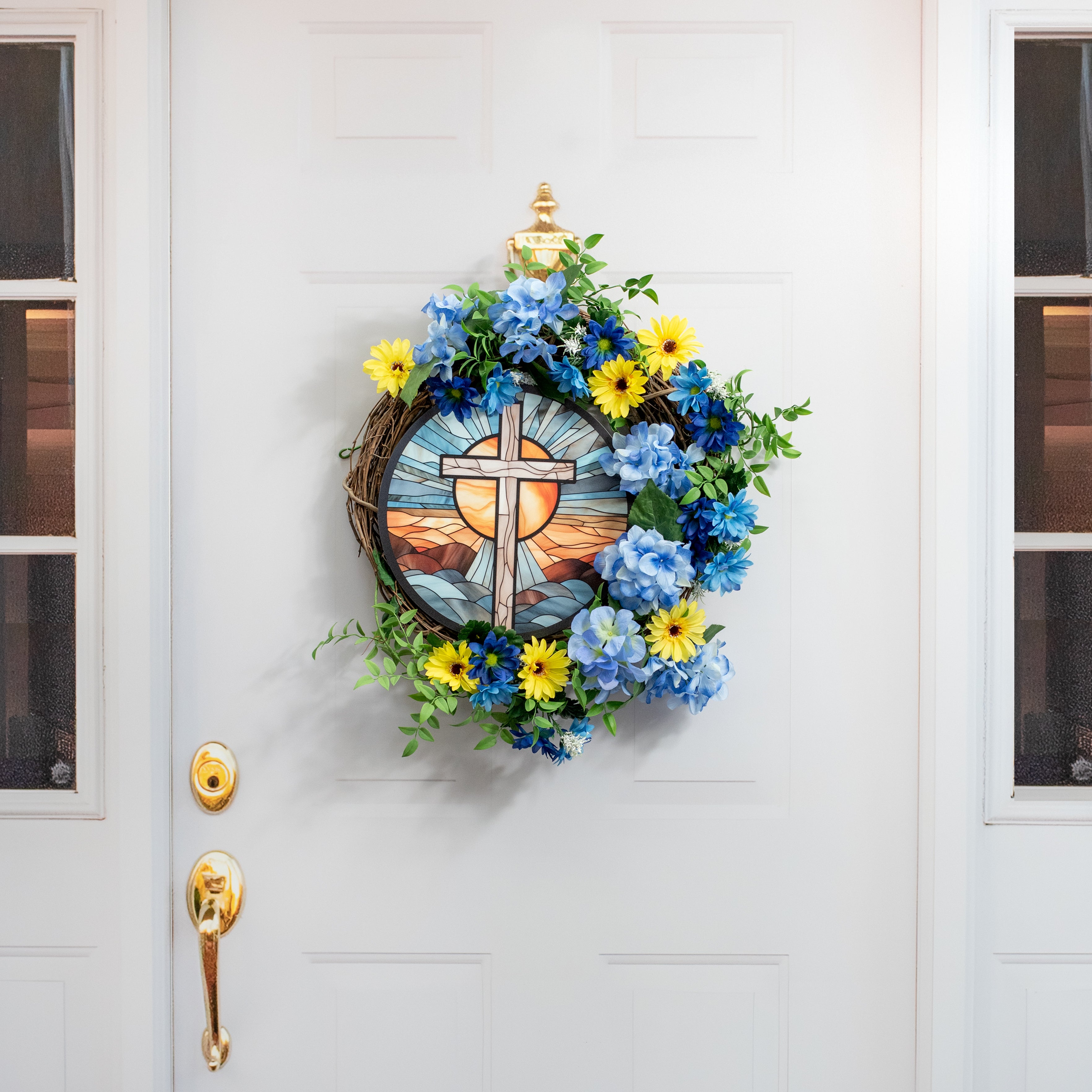 11.75" Round Waterproof Sign: Stained Glass Easter Cross detail photo 4