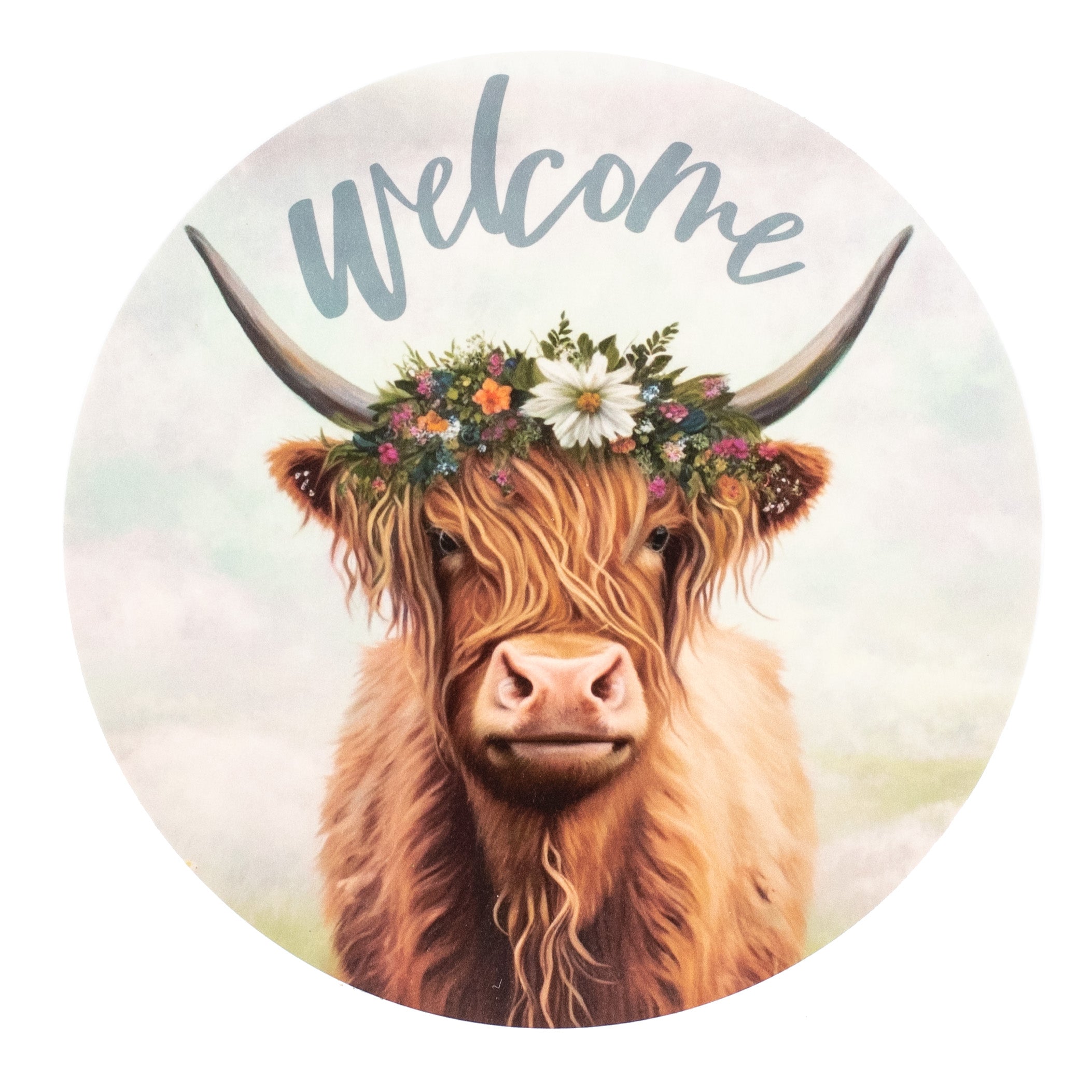 9.4" Round Waterproof Sign: Welcome Floral Highland Cow Item Number: CD1034NH