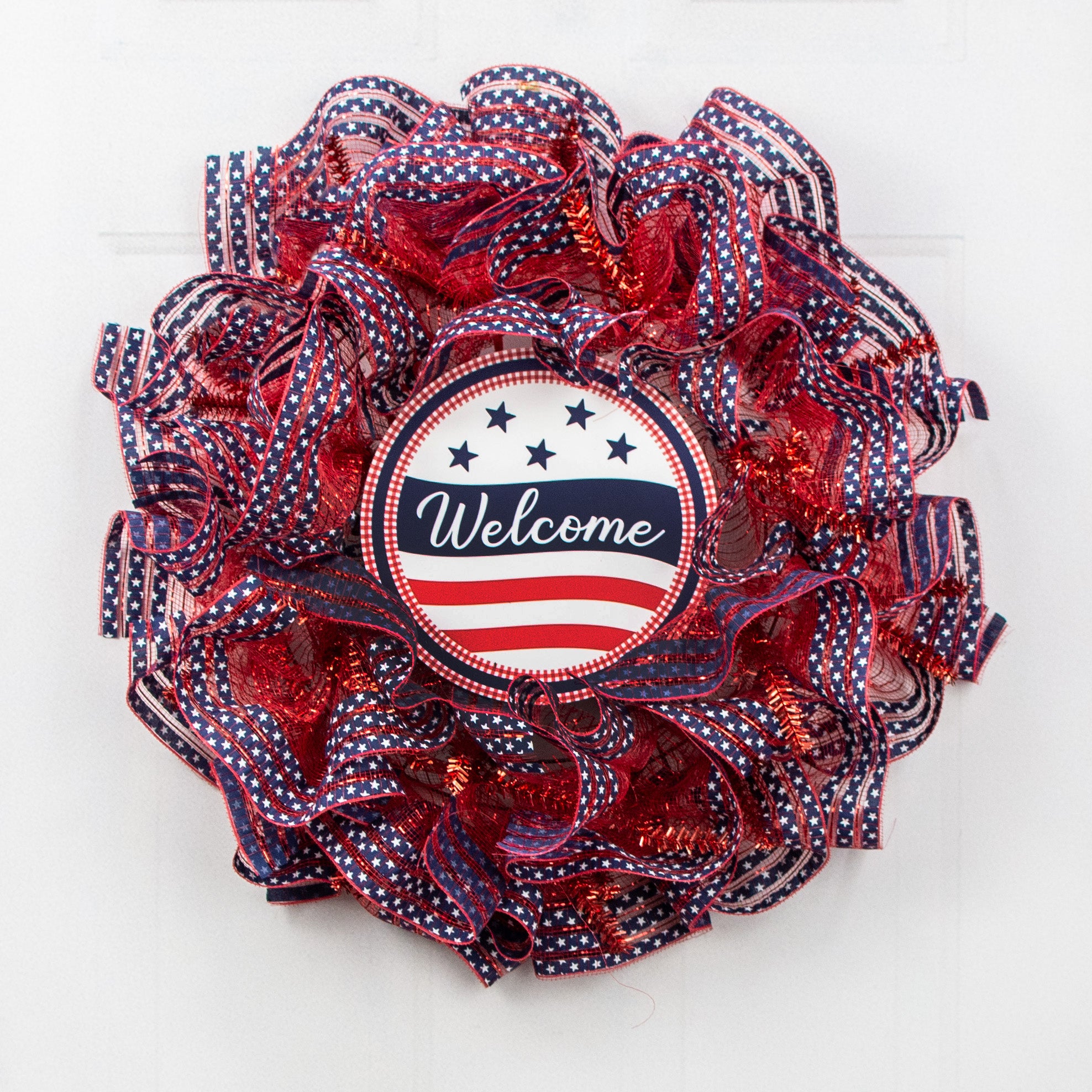 9.4" Round Waterproof Sign: Welcome Gingham USA Flag Lifestyle Photo