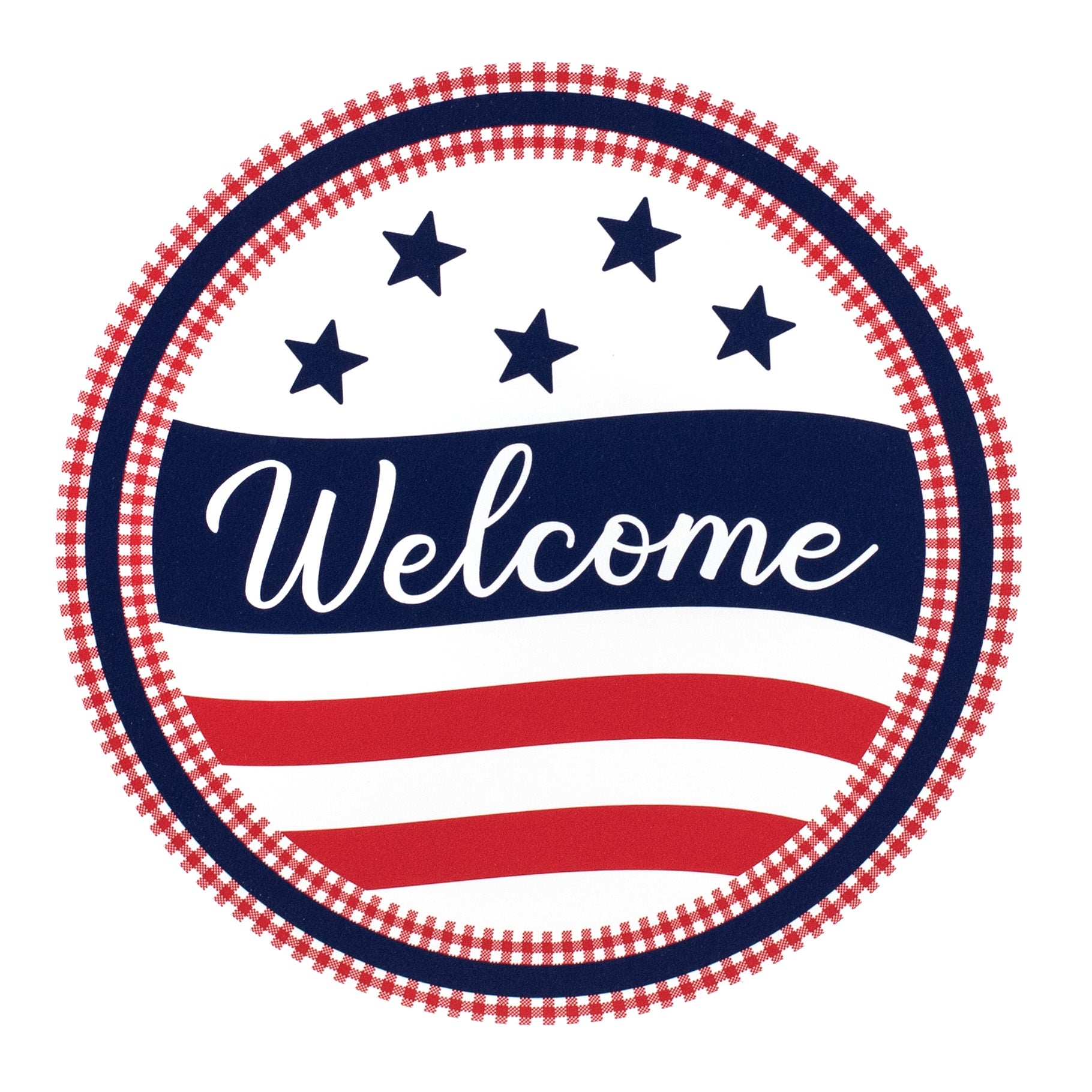 9.4" Round Waterproof Sign: Welcome Gingham USA Flag Item Number: CD1059NH