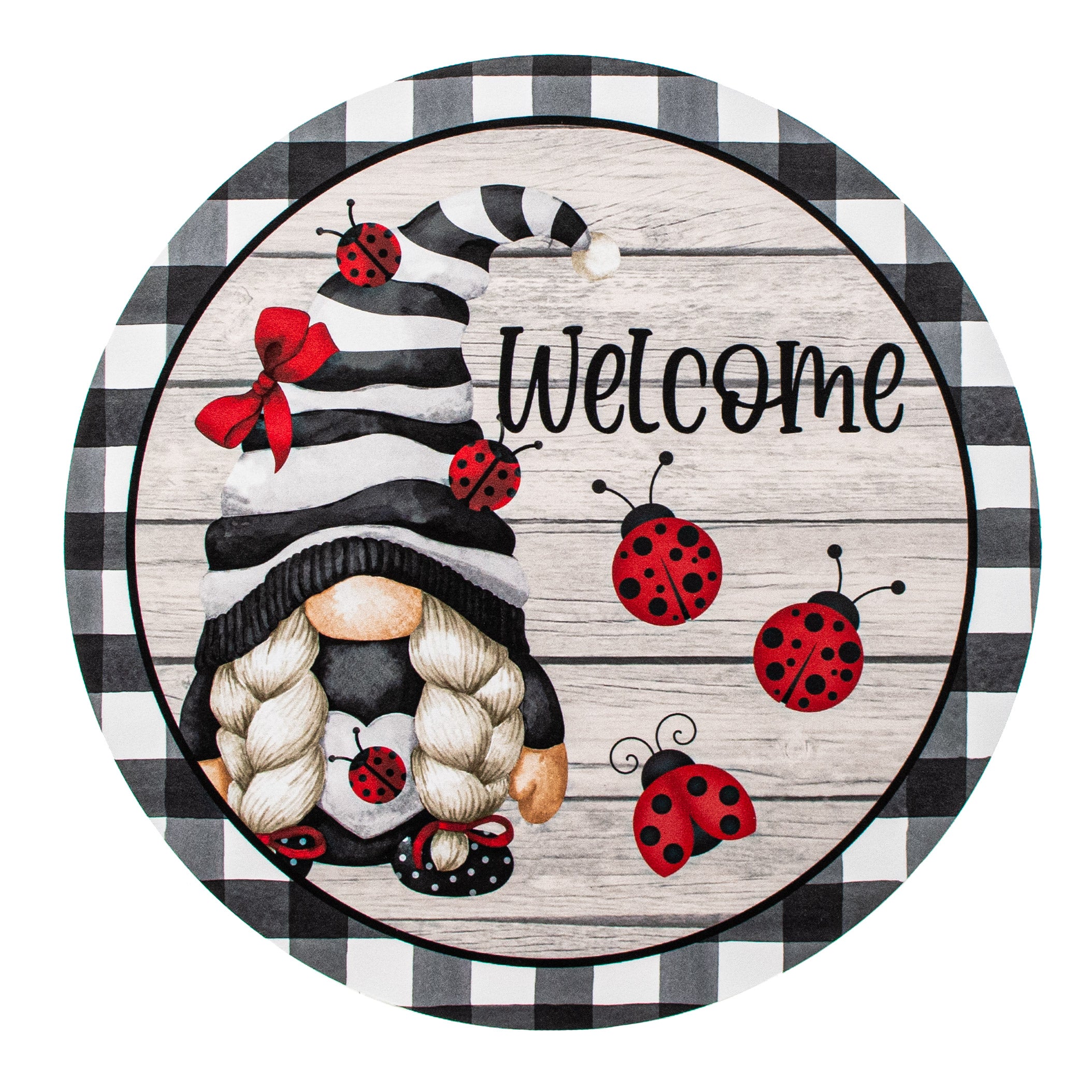 9.4" Round Waterproof Sign: Welcome Ladybug Gnome Item Number: CD0920NH