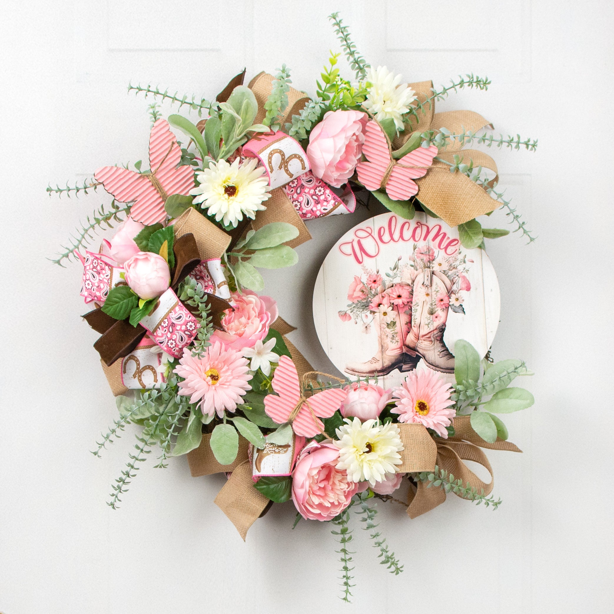 9.4" Round Waterproof Sign: Welcome Pink Floral Cowboy Boots Lifestyle Photo
