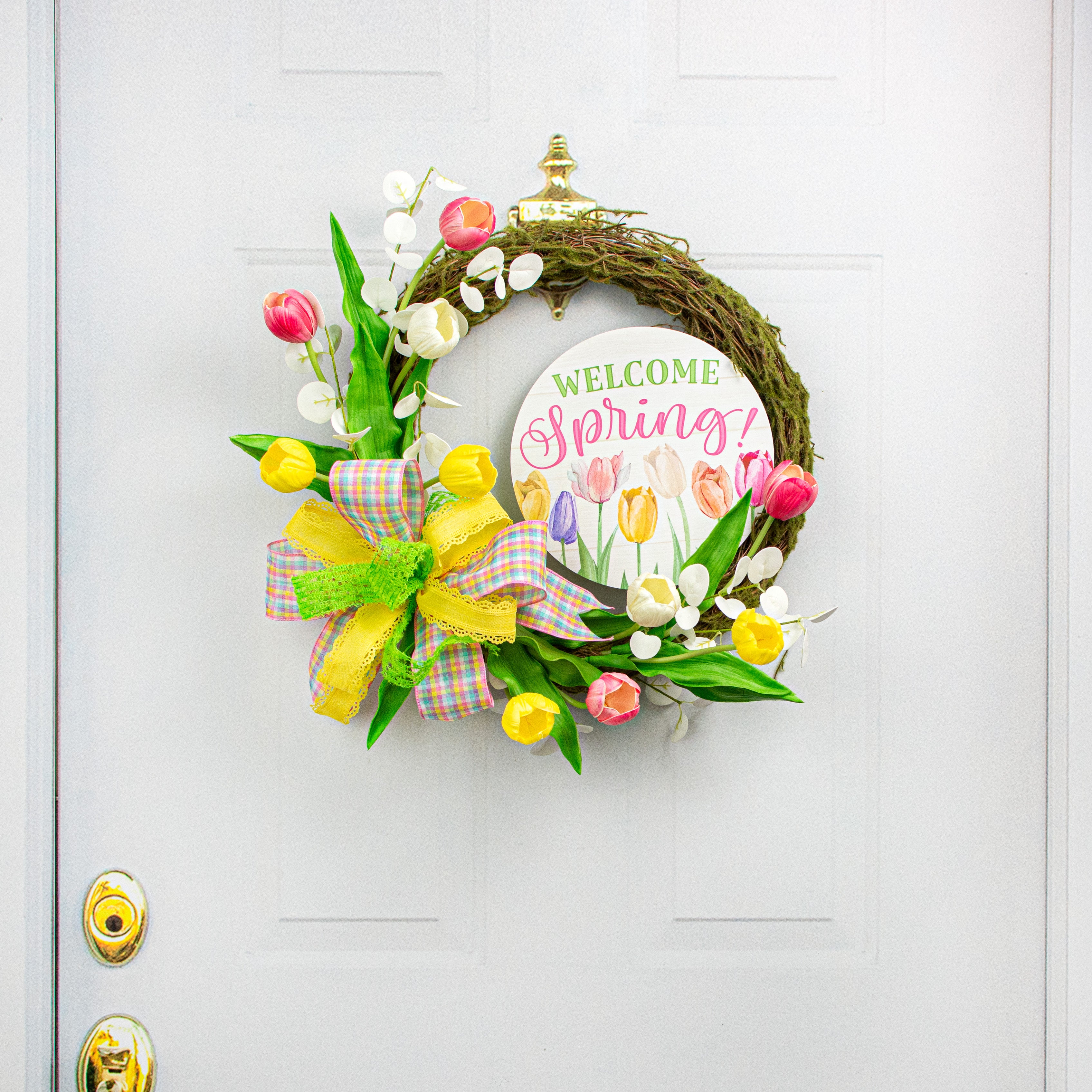 9.4" Round Waterproof Sign: Welcome Spring Tulips Lifestyle Photo