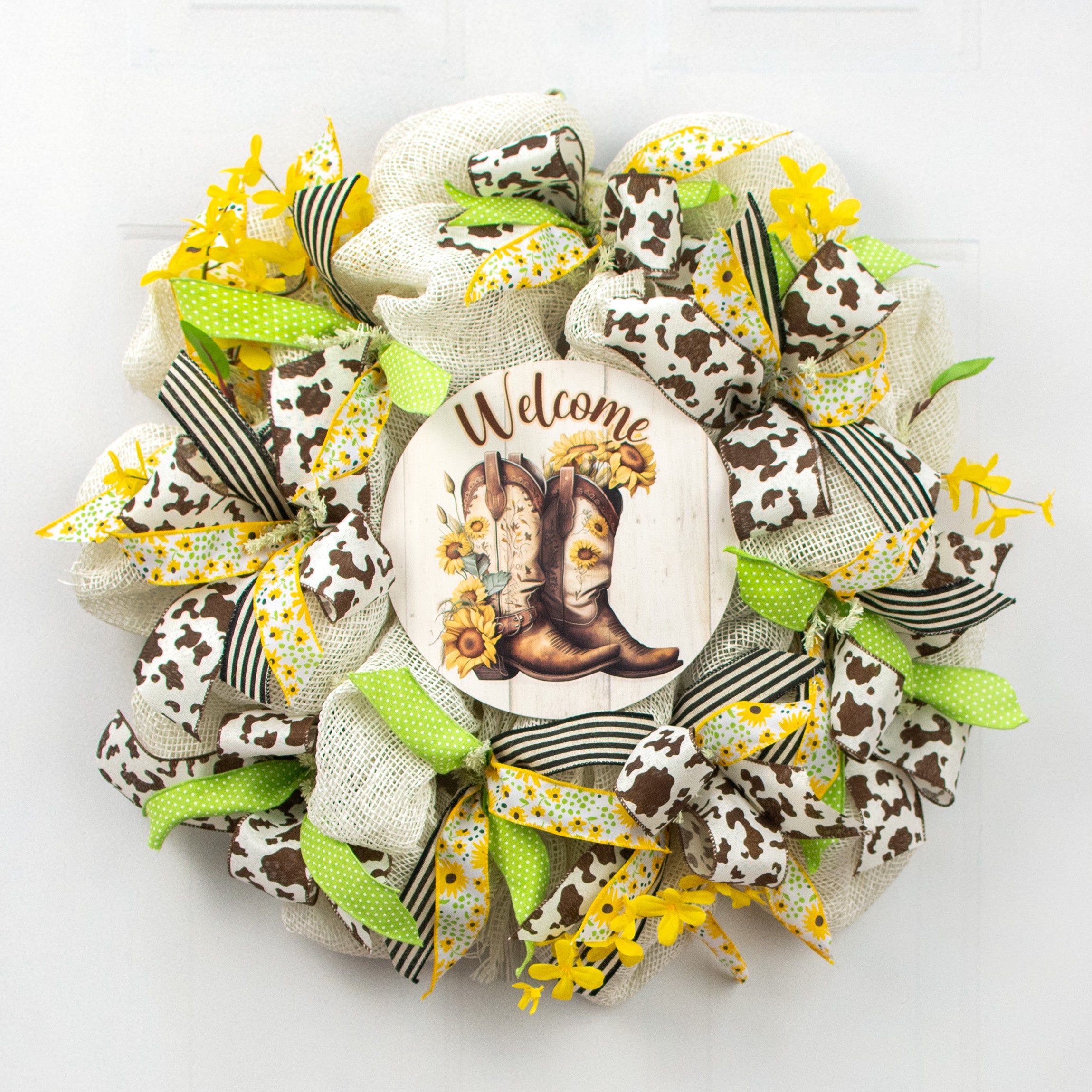 9.4" Round Waterproof Sign: Welcome Sunflower Cowboy Boots Lifestyle Photo