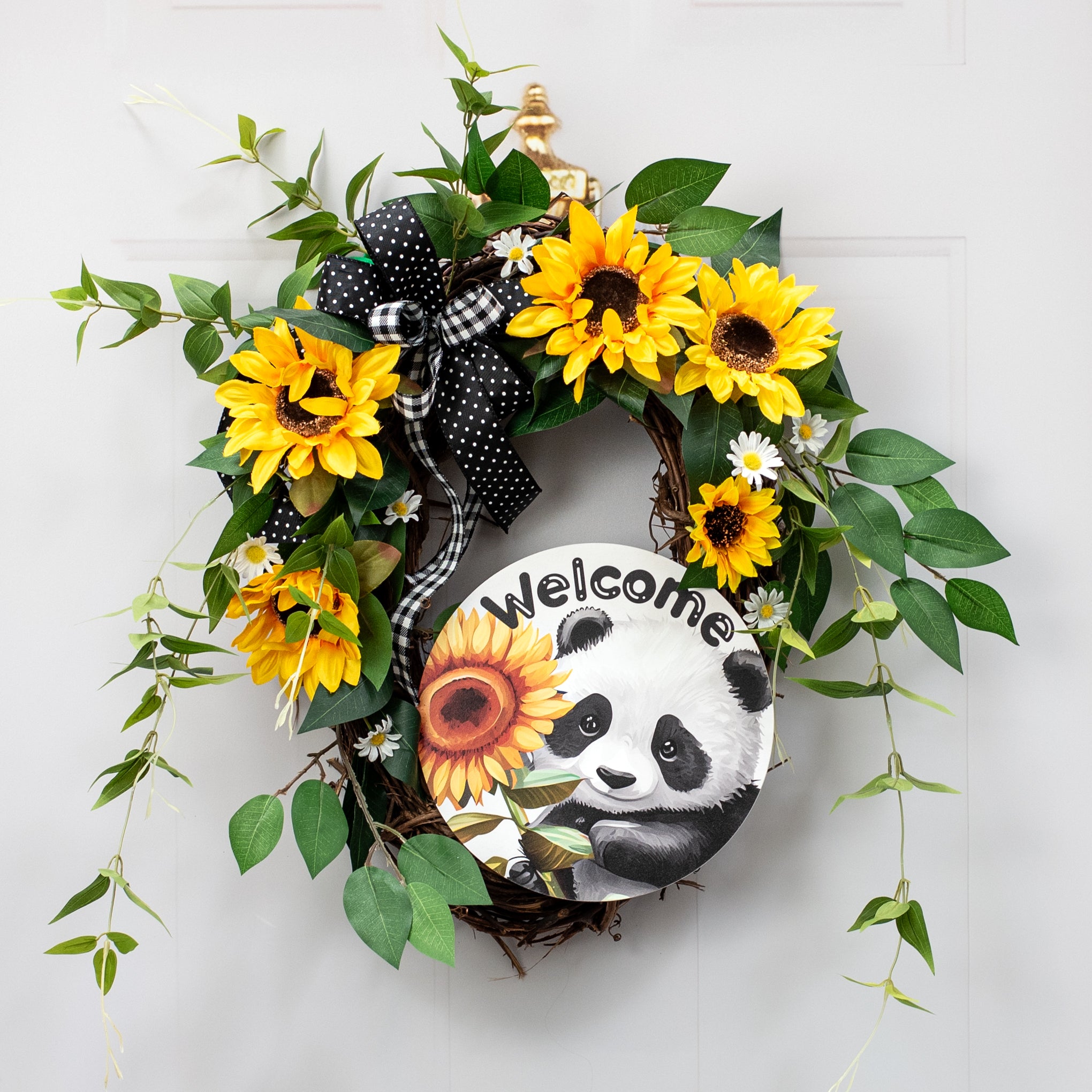 9.4" Round Waterproof Sign: Welcome Sunflower Panda Lifestyle Photo