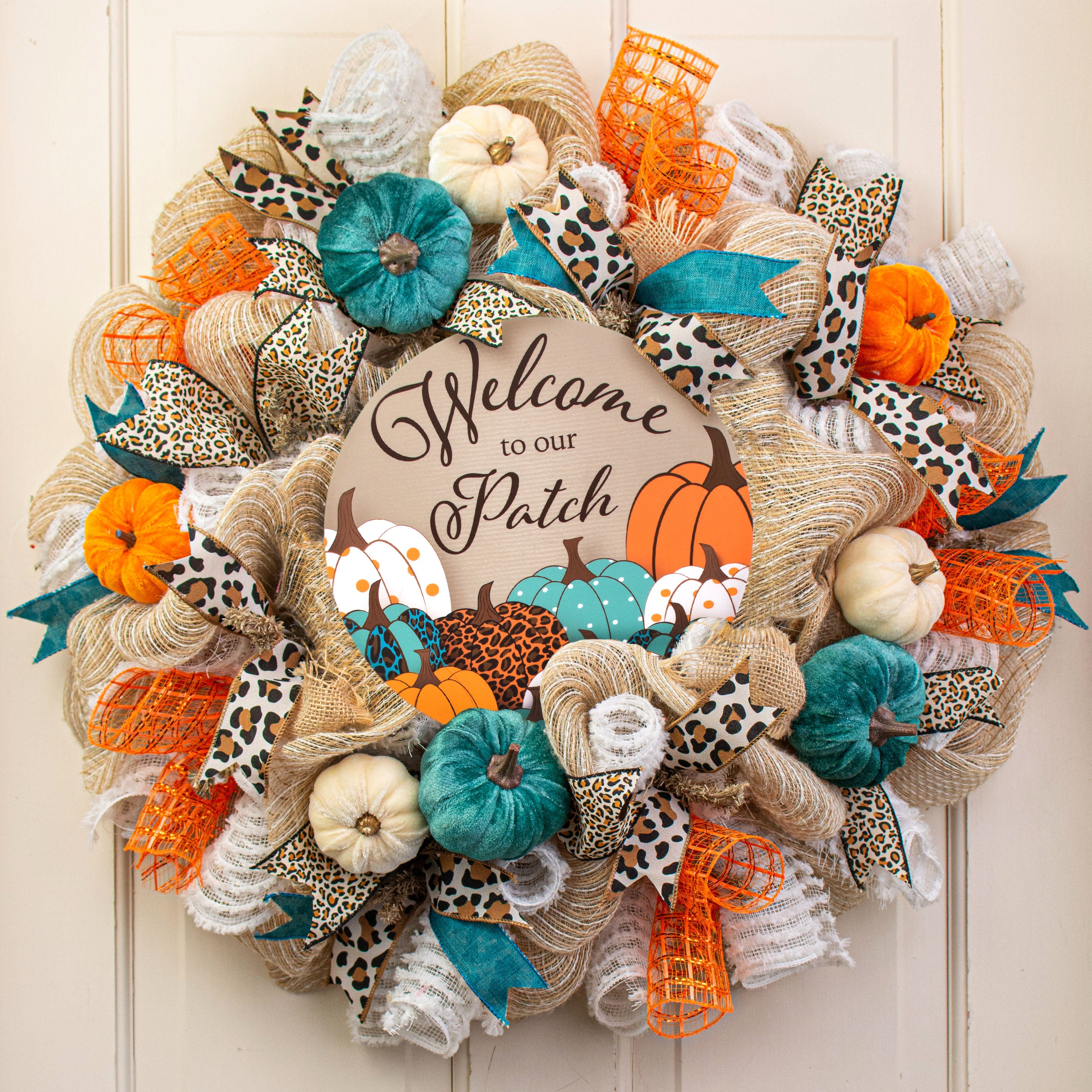 9.4" Round Waterproof Sign: Welcome to our Patch Pattern Pumpkins Lifestyle Photo