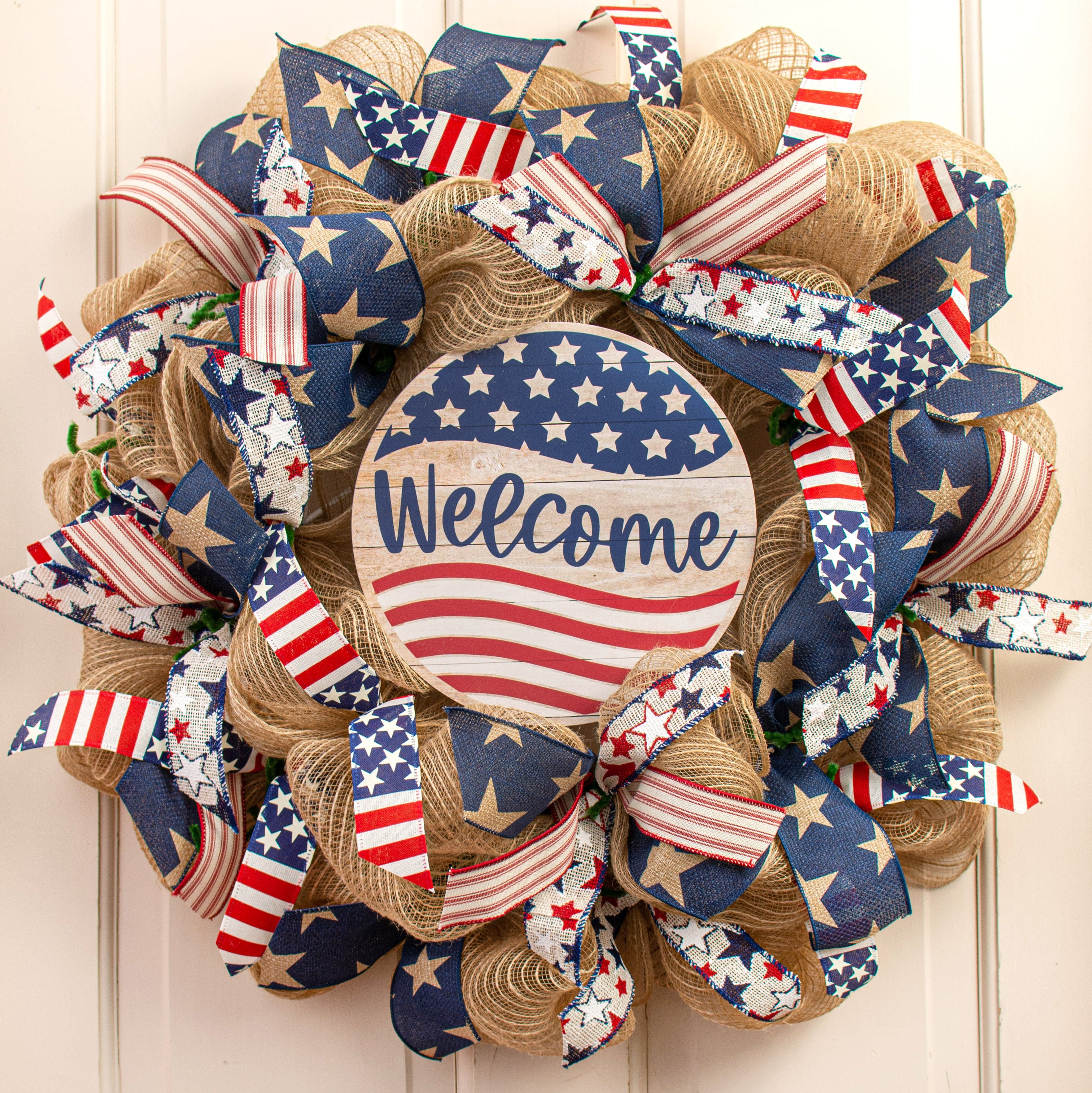 9.4" Round Waterproof Sign: Welcome USA Flag Lifestyle Photo