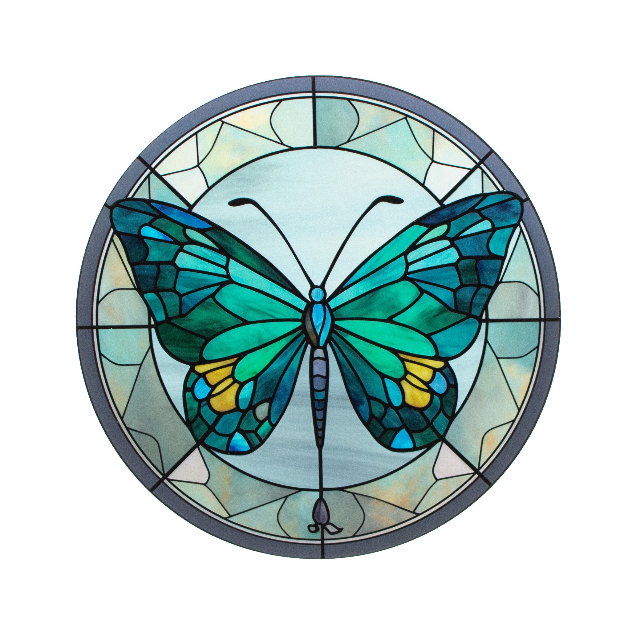 8.5" Round Waterproof Accent: Stained Glass Butterfly Teal Item Number: CD1060NH