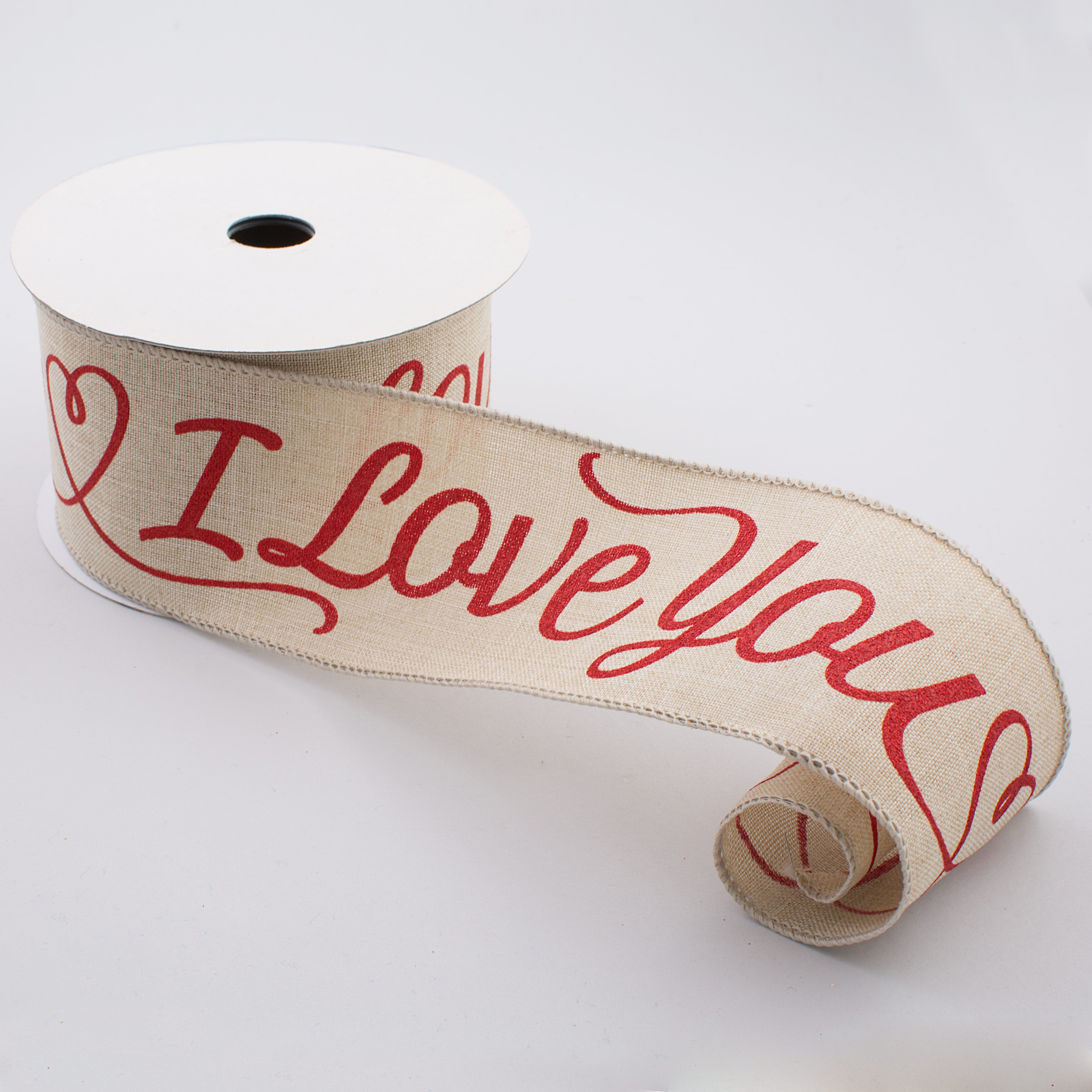 2.5" Royal Canvas Metallic Glittered I Love You Ribbon: Natural & Red (10 Yards) Lifestyle Photo