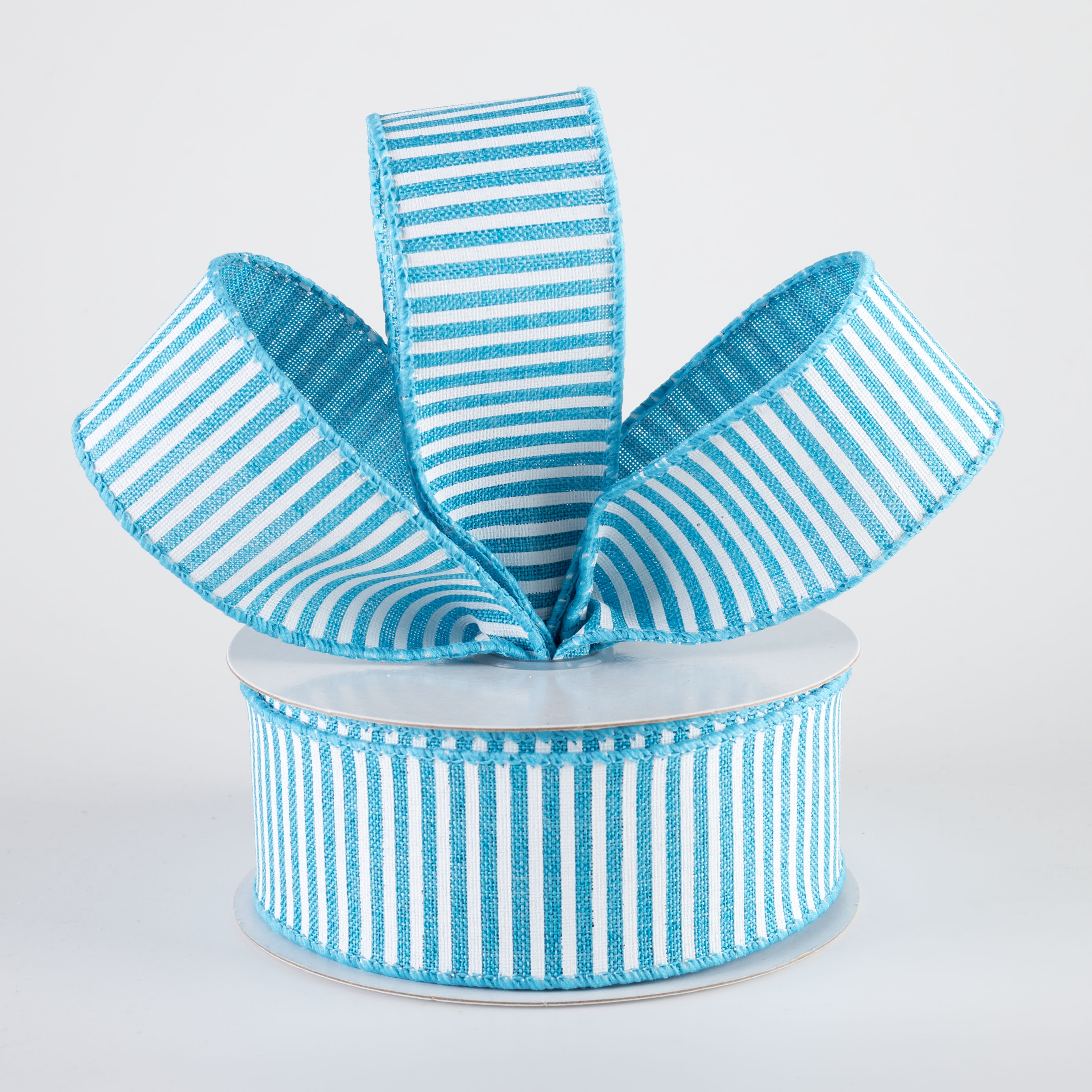 1.5" Royal Canvas Pinstripe Ribbon: Turquoise Blue & White (10 Yards) Lifestyle Photo
