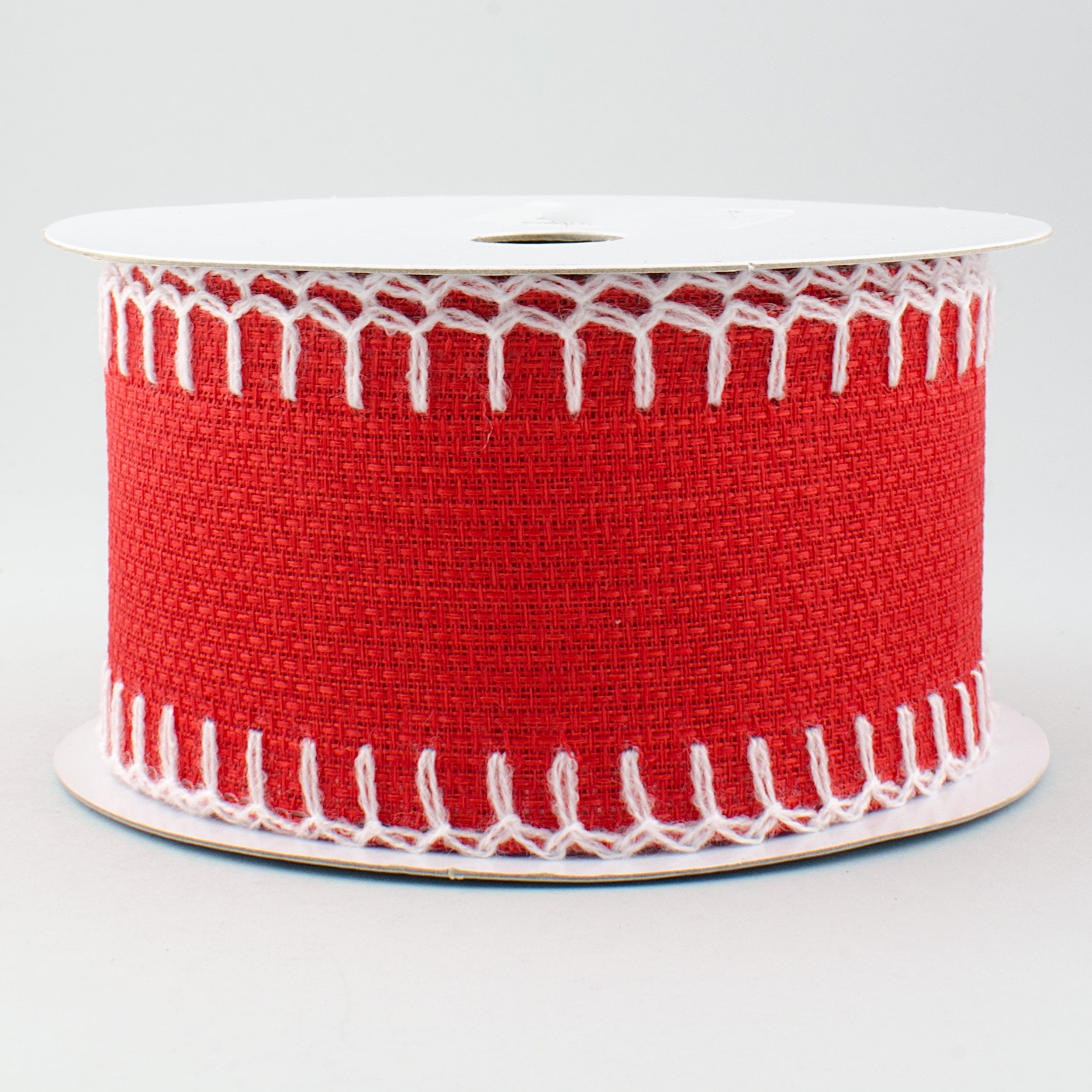2.5" Royal Faux Burlap Blanket Stitched Edge Ribbon: Red & White (10 Yards)