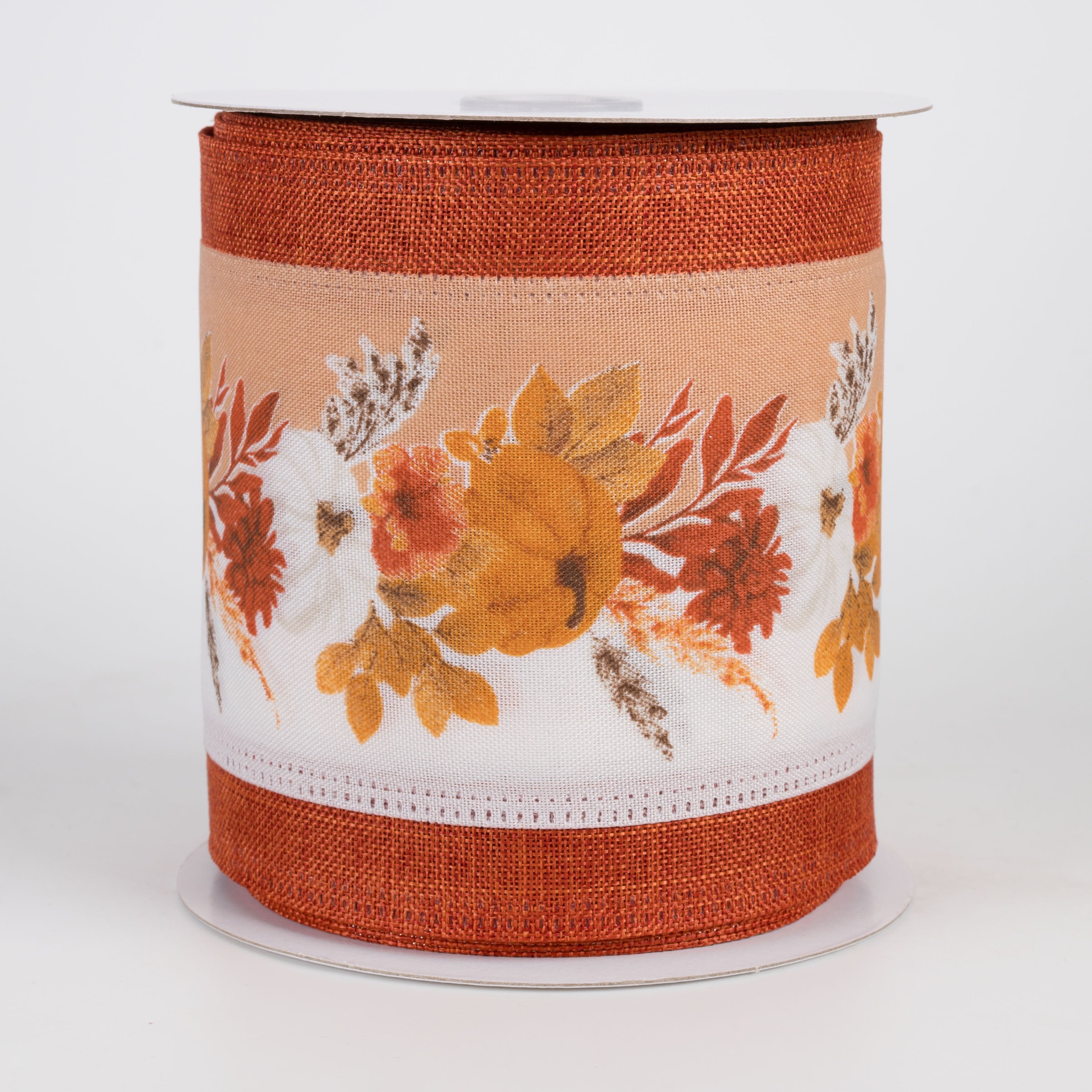 4" Rust Fall Pampas & Pumpkins Linen Edge Ribbon: Rust Orange (10 Yards) Item Number: 65531-04-01