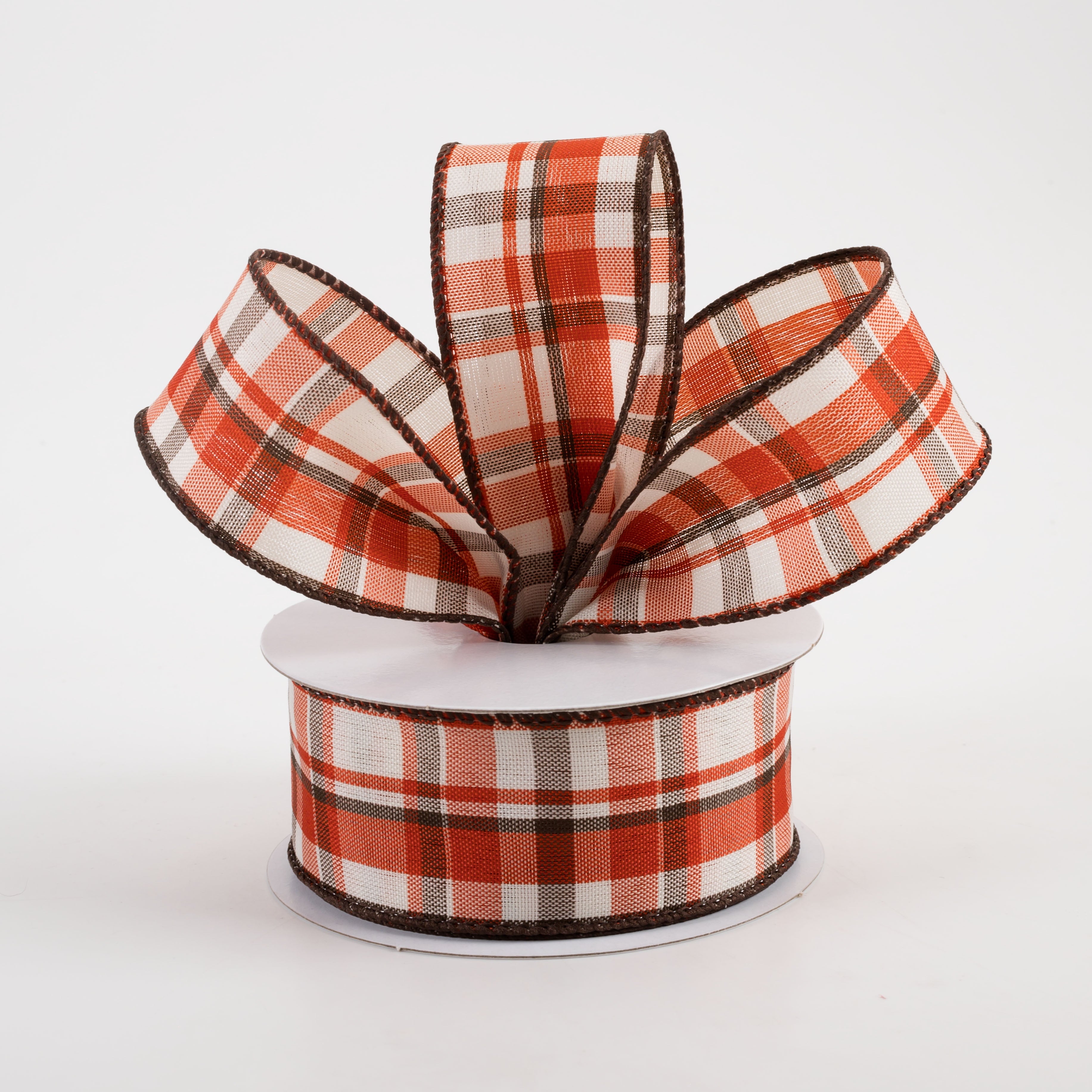 1.5" Rust Orange & Brown Plaid Ribbon: Cream (10 Yards) Lifestyle Photo